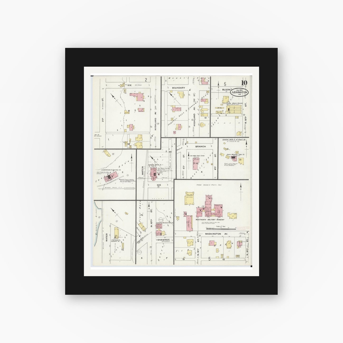 Old map wall art mockup — black gallery frame with white mat — Sanborn Fire Insurance Map from Lexington, Lafayette County, Missouri (1910), Sheet #0010