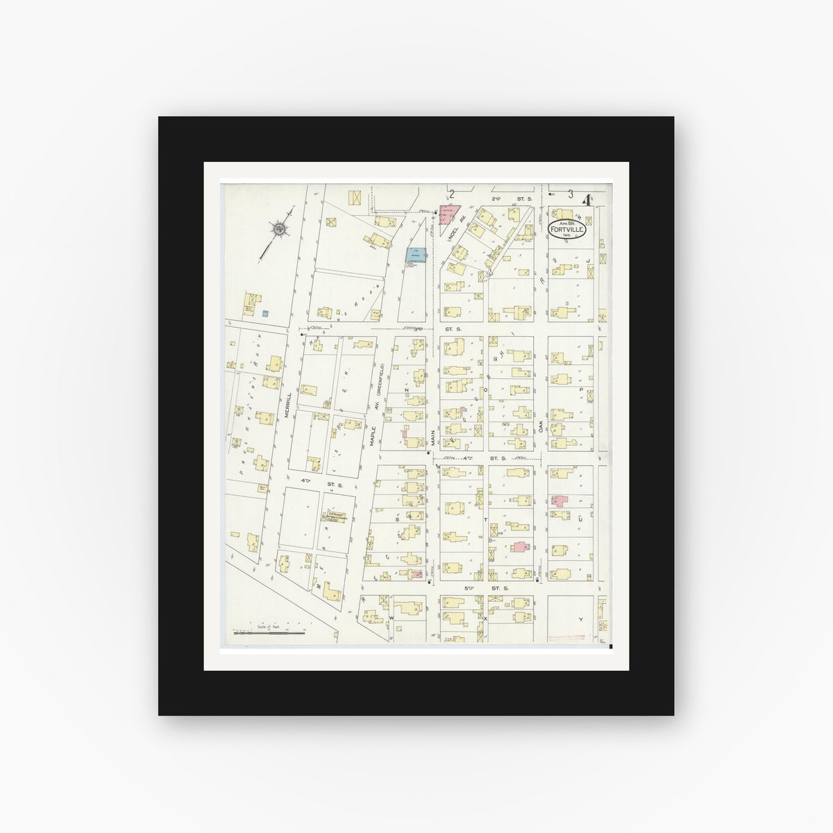 Old map wall art mockup — black gallery frame with white mat — Sanborn Fire Insurance Map from Fortville, Hancock County, Indiana (1914), Sheet #0004