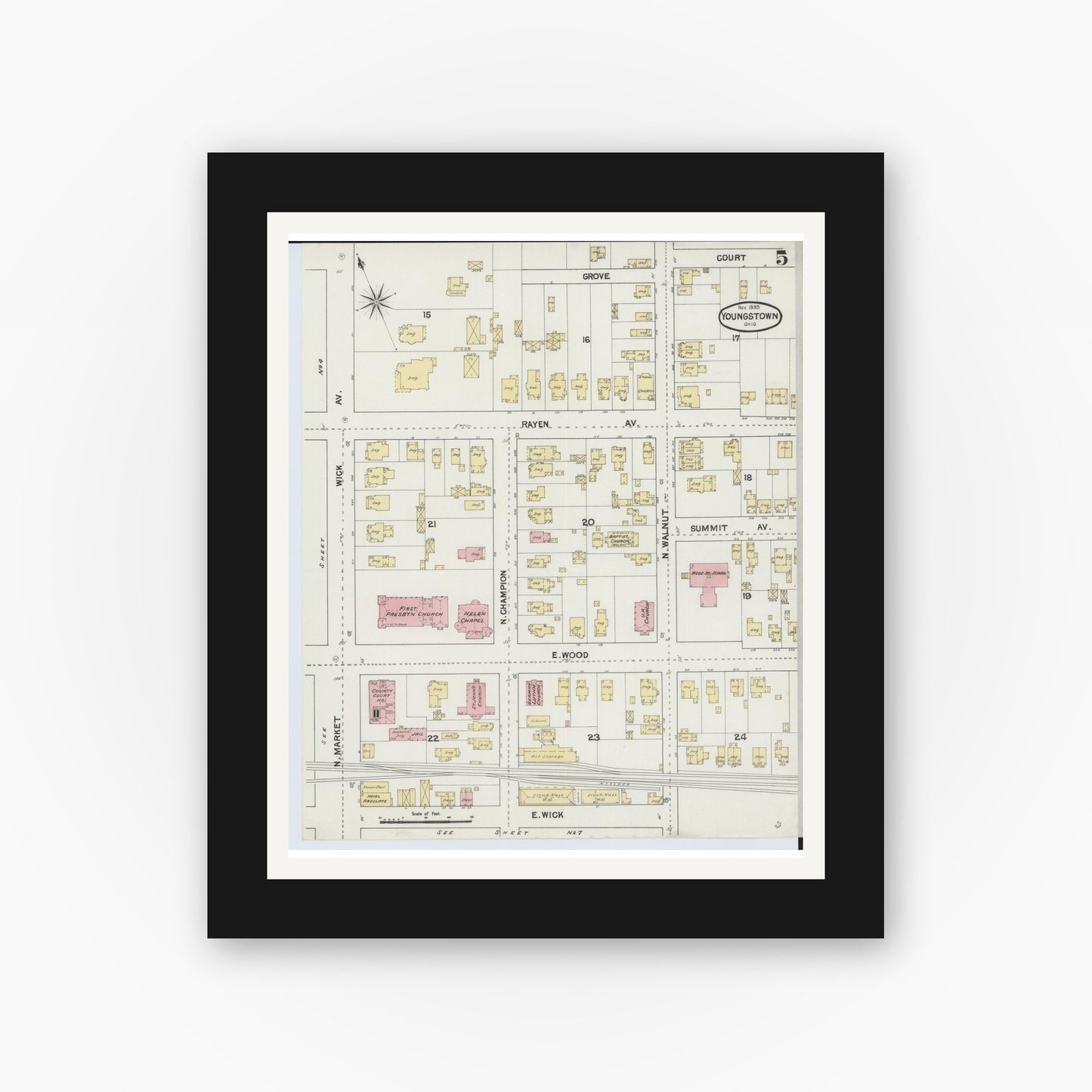 Old map wall art mockup — black gallery frame with white mat — Sanborn Fire Insurance Map from Youngstown, Mahoning County, Ohio (1889), Sheet #0005