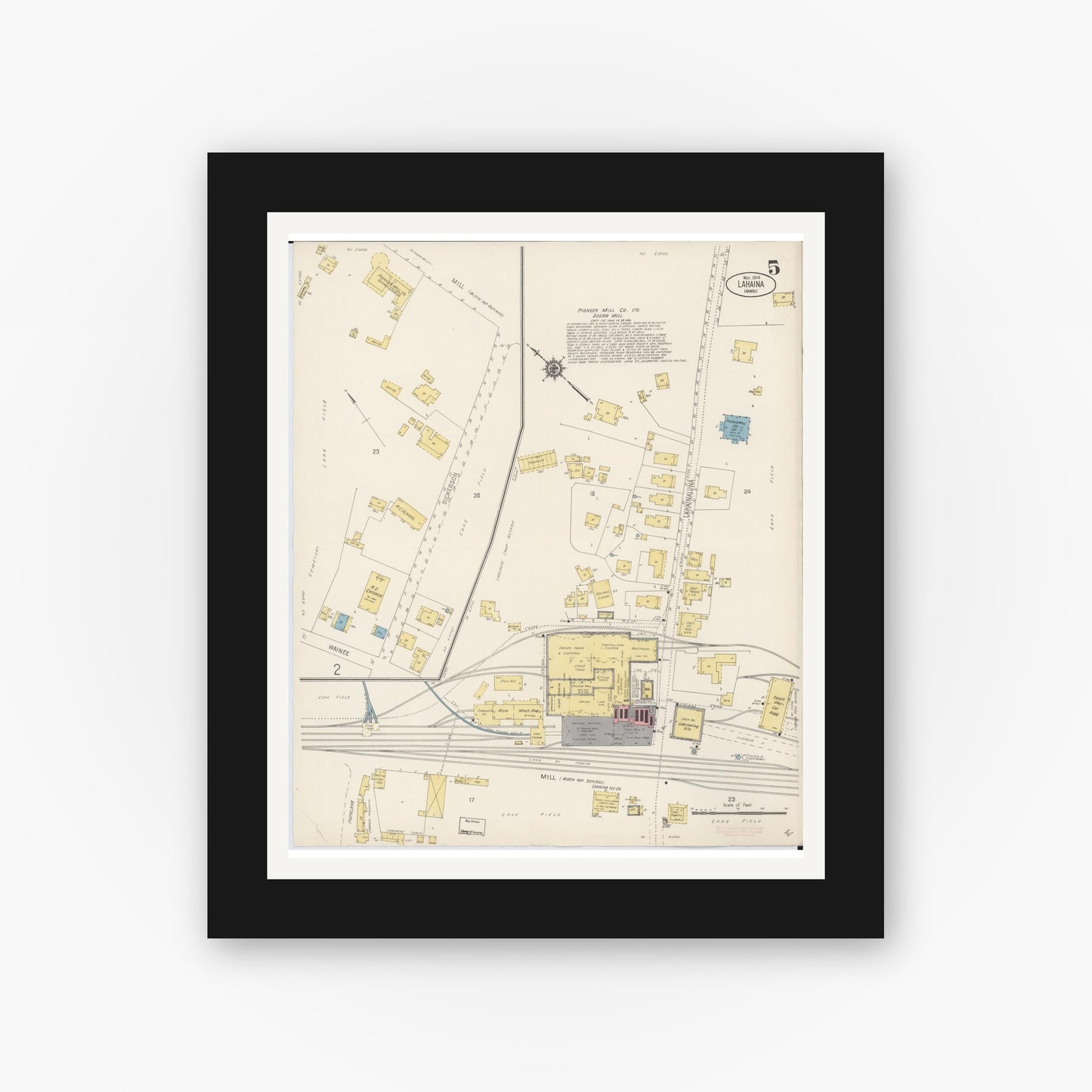 Old map wall art mockup — black gallery frame with white mat — Sanborn Fire Insurance Map from Lahaina, Maui County, Hawaii (1914), Sheet #0005