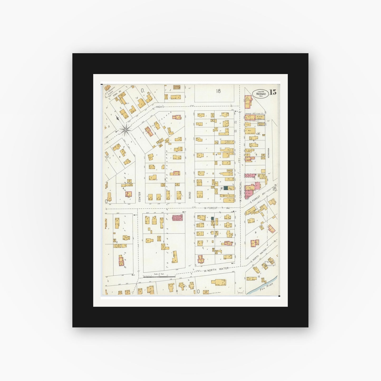 Old map wall art mockup — black gallery frame with white mat — Sanborn Fire Insurance Map from Neenah, Winnebago County, Wisconsin (1906), Sheet #0015