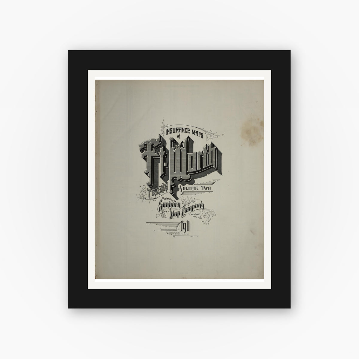Old map wall art mockup — black gallery frame with white mat — Sanborn Fire Insurance Map from Fort Worth, Tarrant County, Texas (1911), Sheet #0001