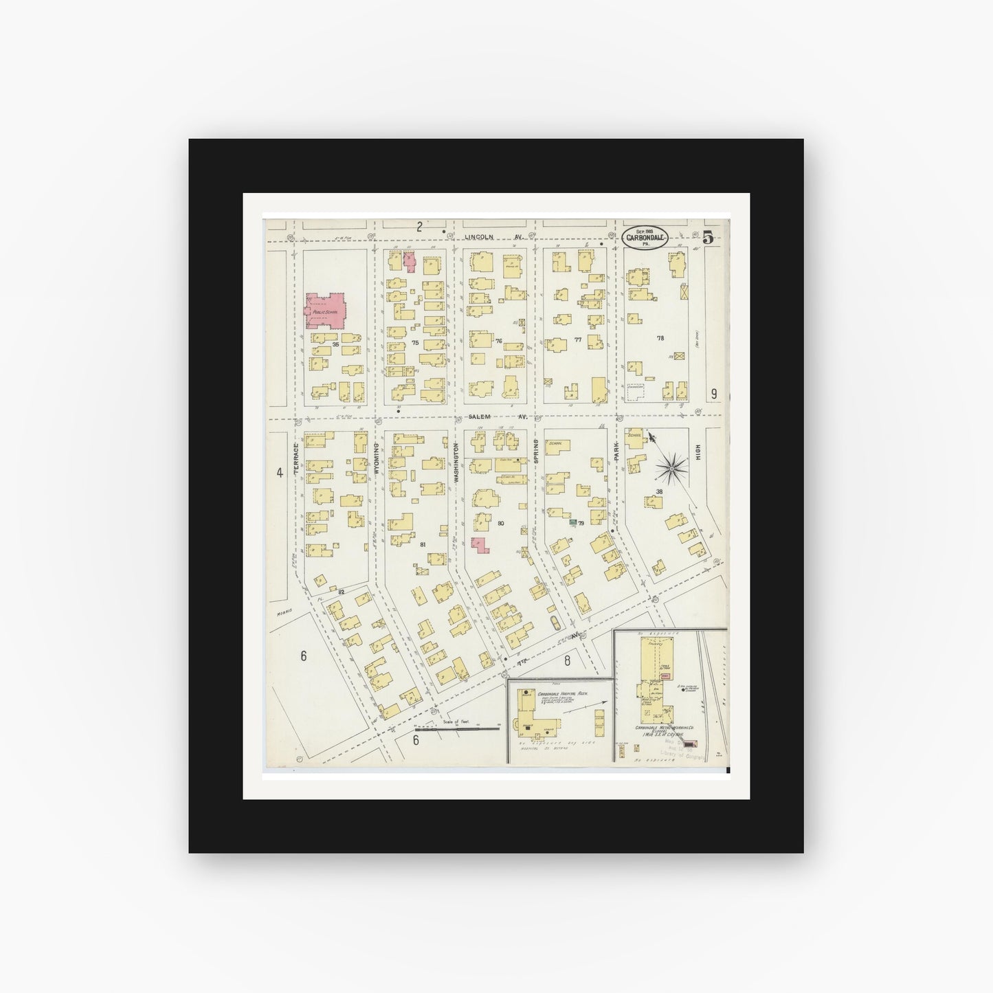 Old map wall art mockup — black gallery frame with white mat — Sanborn Fire Insurance Map from Carbondale, Lackawanna County, Pennsylvania (1903), Sheet #0005