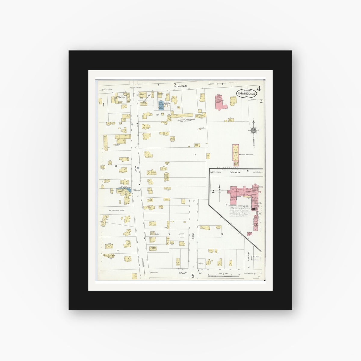 Old map wall art mockup — black gallery frame with white mat — Sanborn Fire Insurance Map from Farmingdale, Nassau County, New York (1910), Sheet #0004