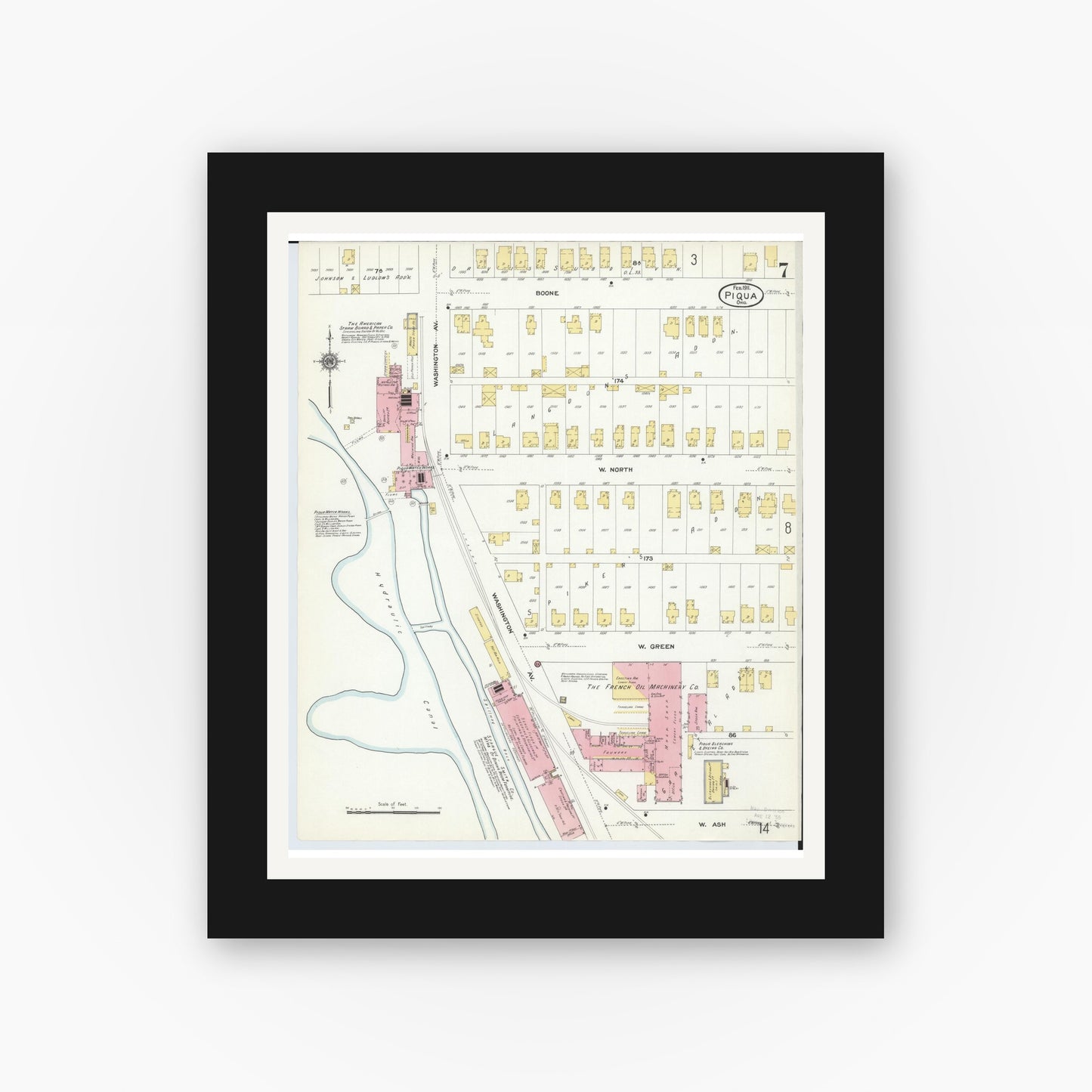Old map wall art mockup — black gallery frame with white mat — Sanborn Fire Insurance Map from Piqua, Miami County, Ohio (1911), Sheet #0007