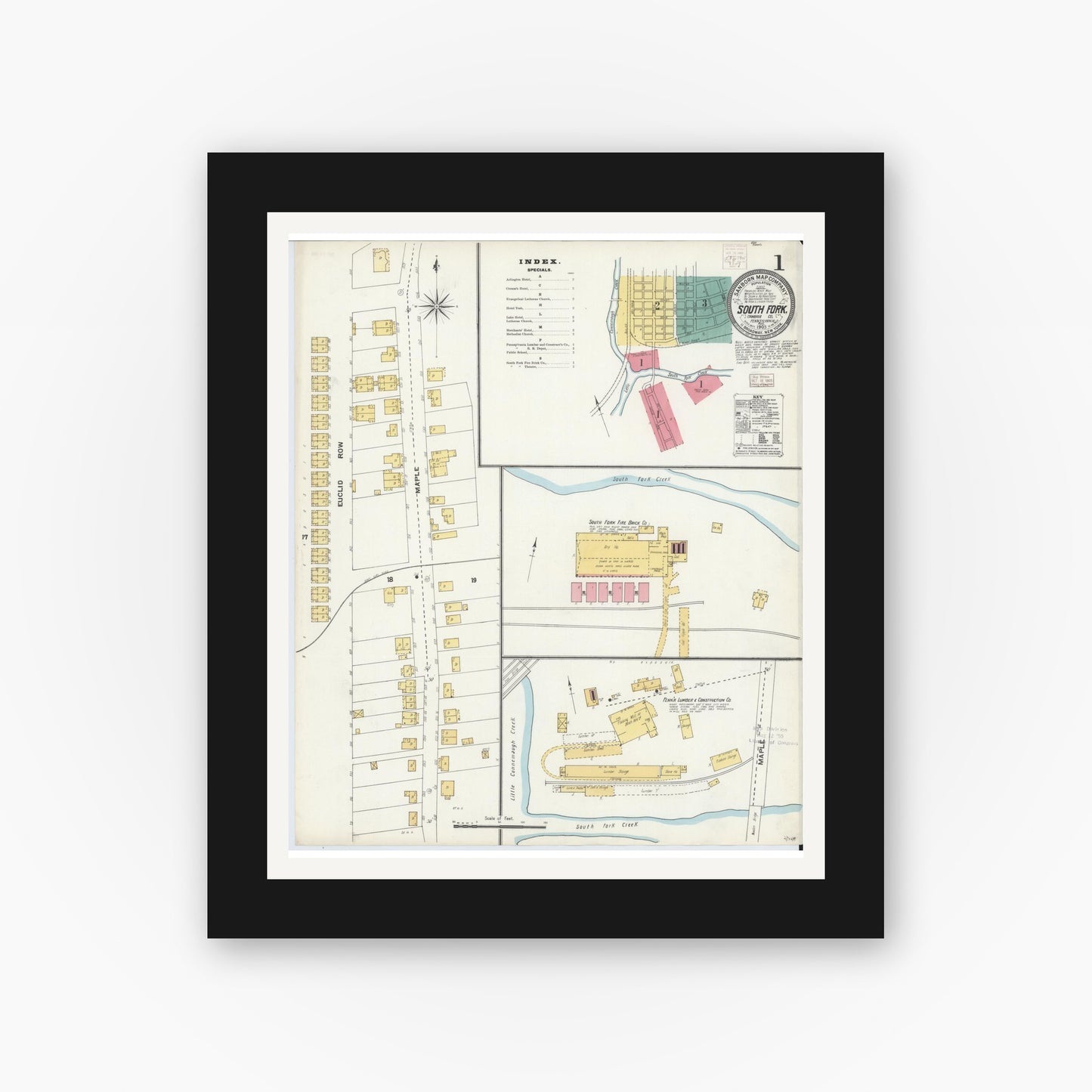 Old map wall art mockup — black gallery frame with white mat — Sanborn Fire Insurance Map from South Fork, Cambria County, Pennsylvania (1905) - Complete Map Set