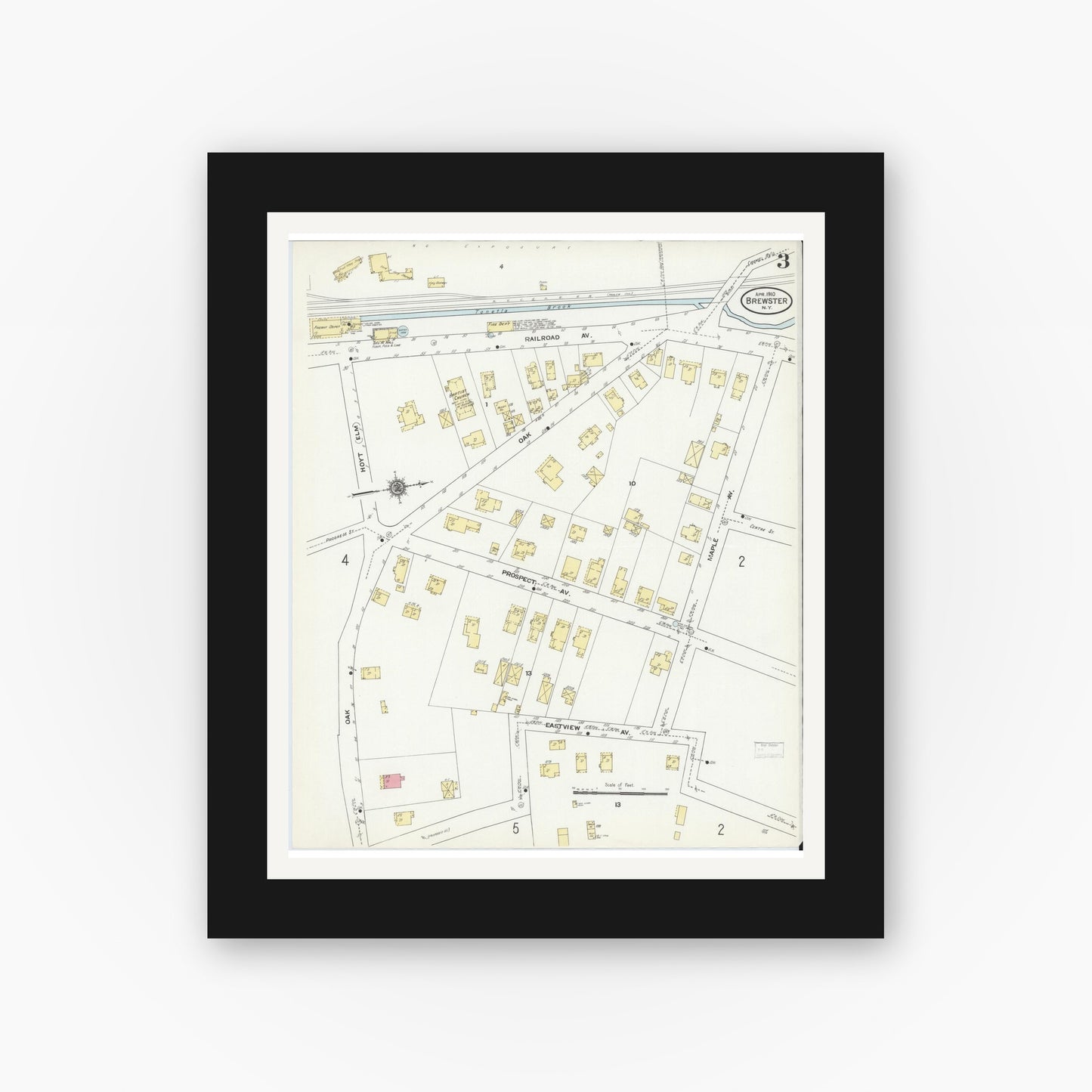 Old map wall art mockup — black gallery frame with white mat — Sanborn Fire Insurance Map from Brewster, Putnam County, New York (1910), Sheet #0003