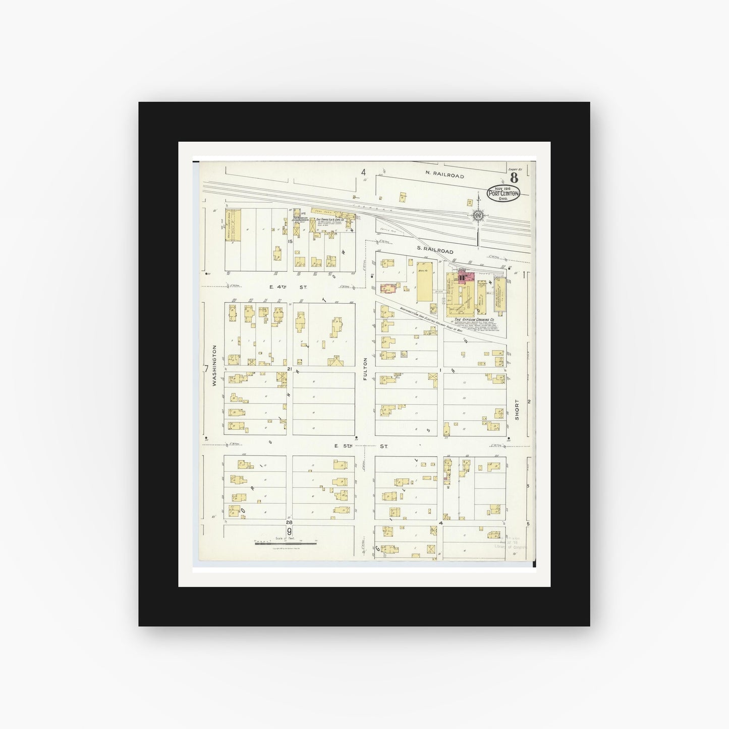 Old map wall art mockup — black gallery frame with white mat — Sanborn Fire Insurance Map from Port Clinton, Ottawa County, Ohio (1916), Sheet #0008