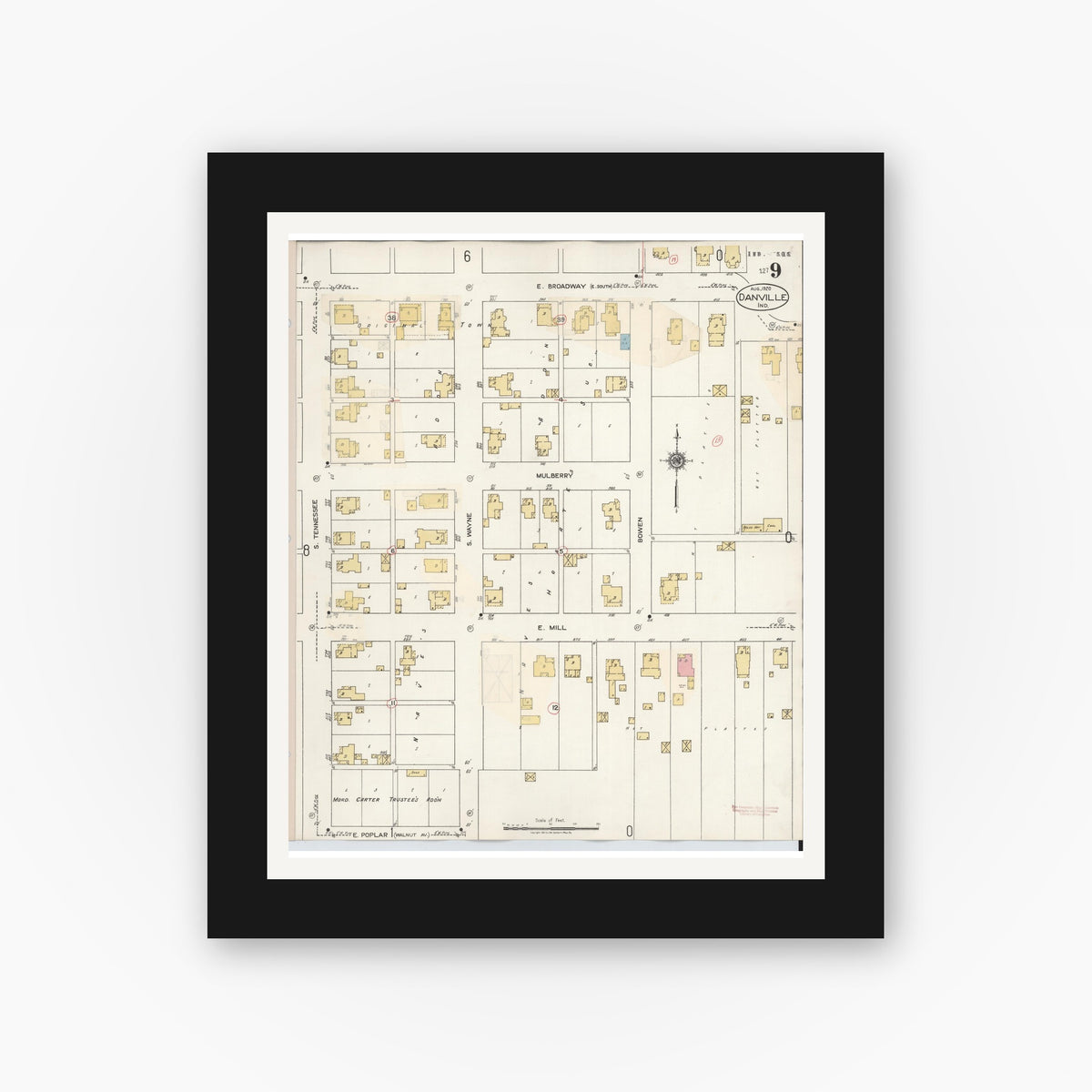 Old map wall art mockup — black gallery frame with white mat — Sanborn Fire Insurance Map from Danville, Hendricks County, Indiana (1932), Sheet #0009