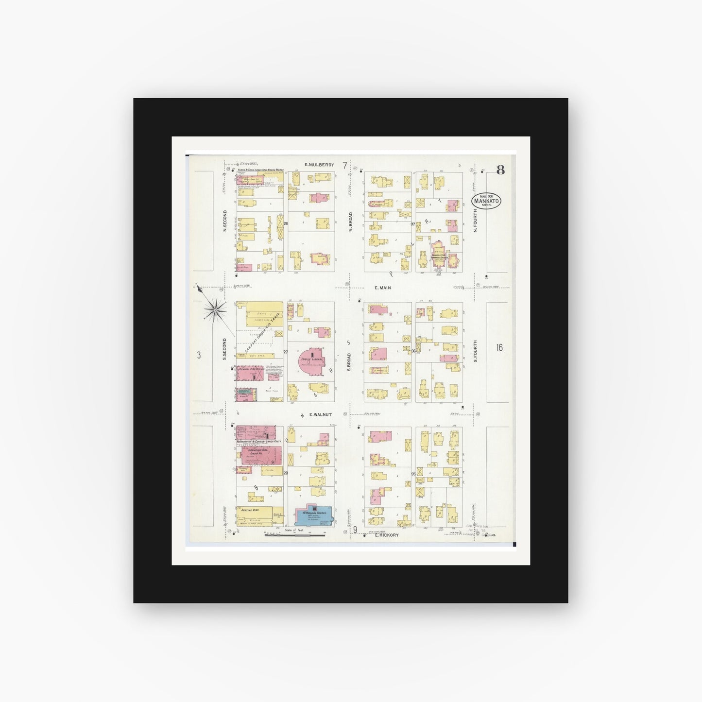 Old map wall art mockup — black gallery frame with white mat — Sanborn Fire Insurance Map from Mankato, Blue Earth County, Minnesota (1908), Sheet #0008