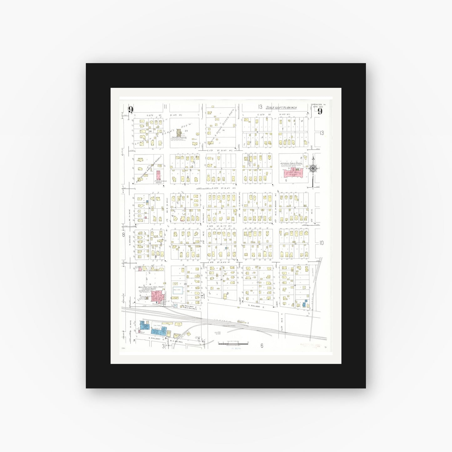 Old map wall art mockup β black gallery frame with white mat β Sanborn Fire Insurance Map from Spencer, Clay County, Iowa (1941), Sheet #0009