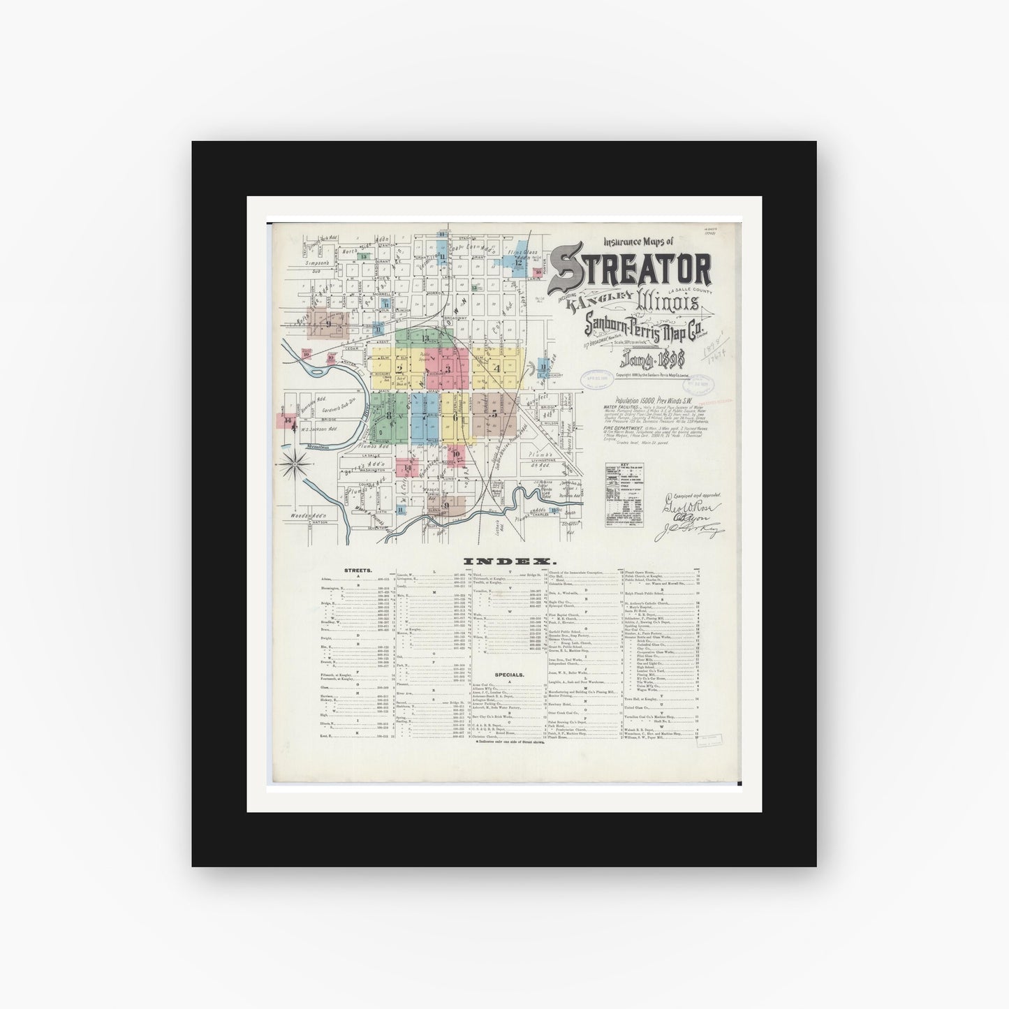 Old map wall art mockup — black gallery frame with white mat — Sanborn Fire Insurance Map from Streator, La Salle County, Illinois (1898) - Complete Map Set