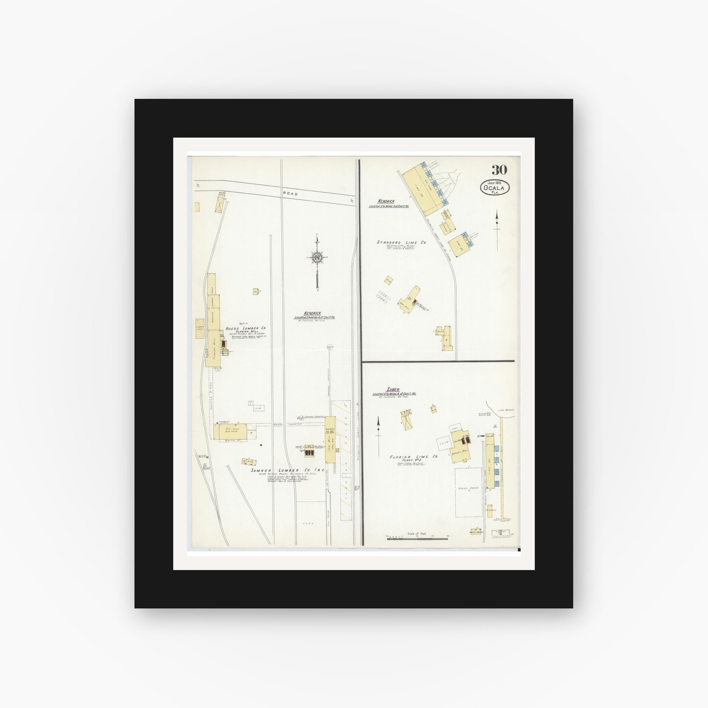 Old map wall art mockup — black gallery frame with white mat — Sanborn Fire Insurance Map from Ocala, Marion County, Florida (1912), Sheet #0030