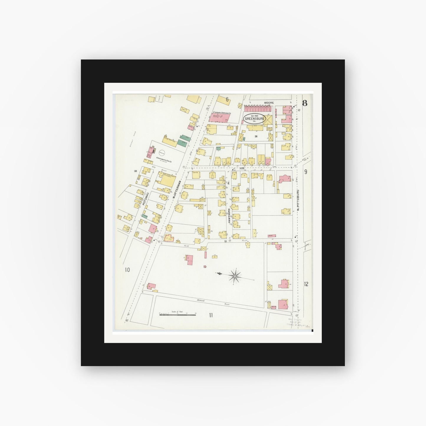 Old map wall art mockup — black gallery frame with white mat — Sanborn Fire Insurance Map from Greensburg, Westmoreland County, Pennsylvania (1903), Sheet #0008