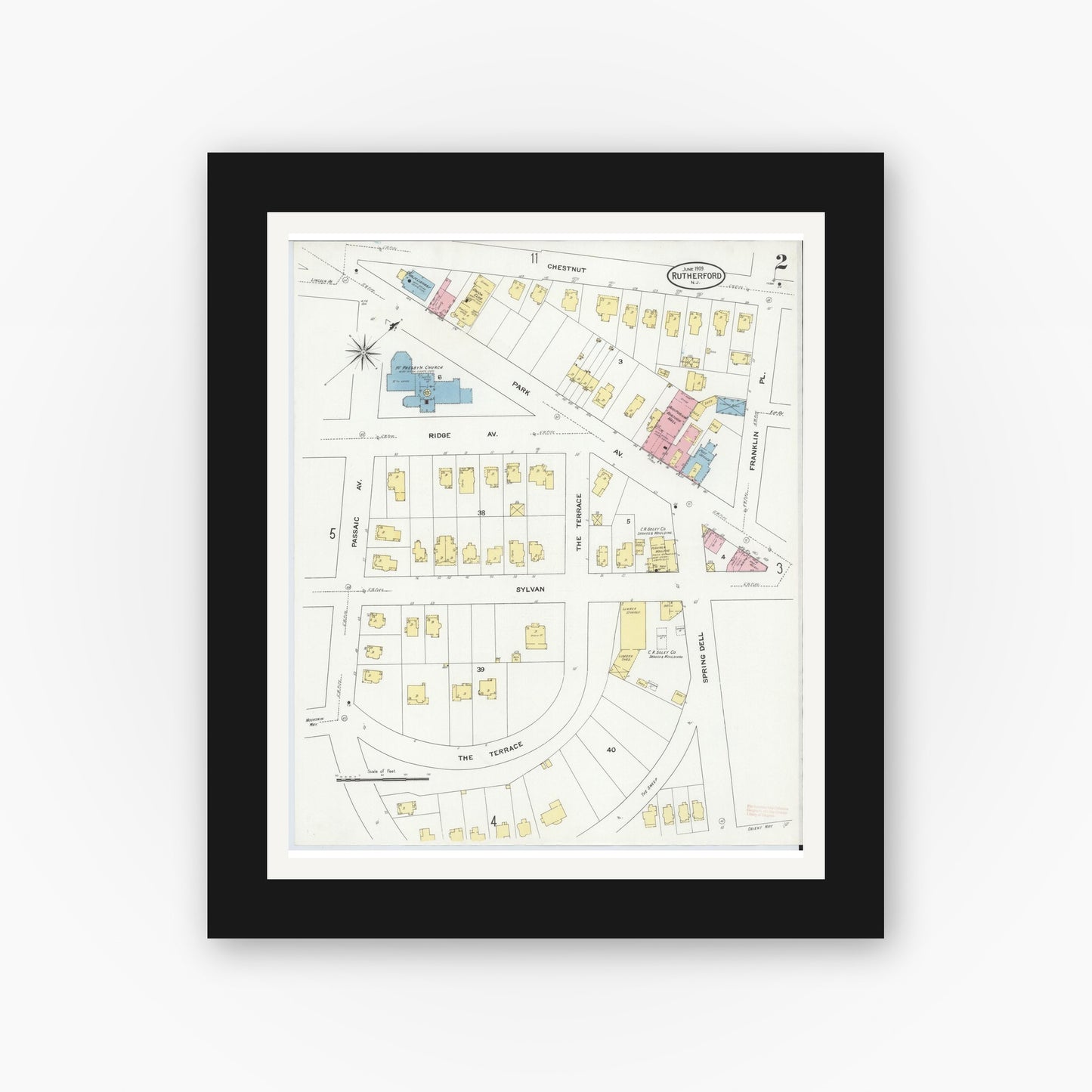 Old map wall art mockup — black gallery frame with white mat — Sanborn Fire Insurance Map from Rutherford, Bergen County, New Jersey (1909) - Complete Map Set