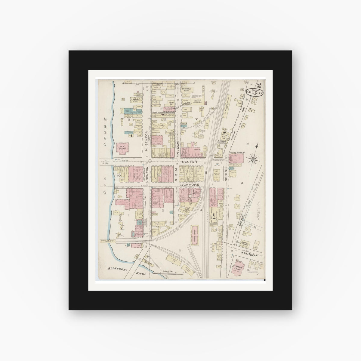 Old map wall art mockup — black gallery frame with white mat — Sanborn Fire Insurance Map from Oil City, Venango County, Pennsylvania (1888), Sheet #0002