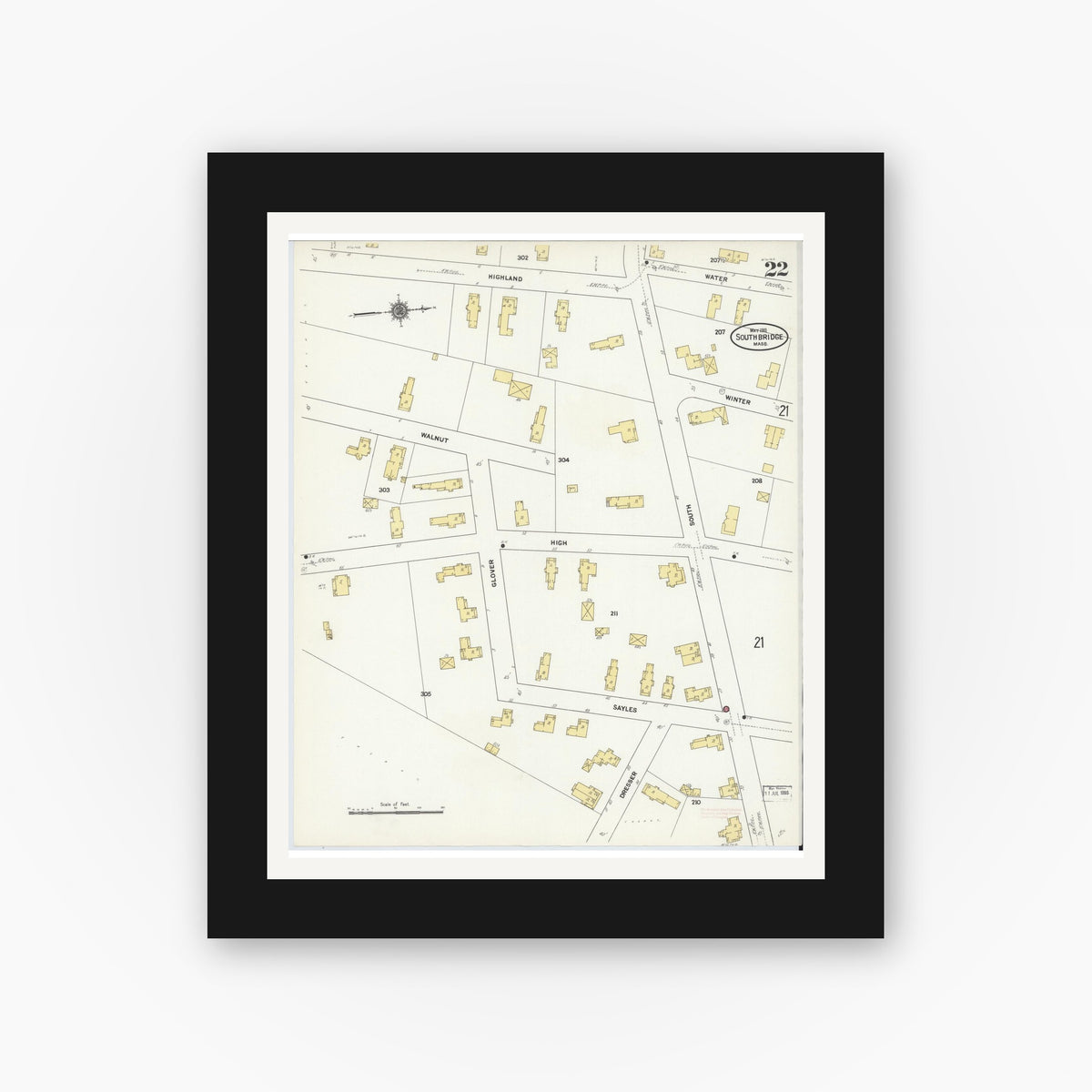 Old map wall art mockup — black gallery frame with white mat — Sanborn Fire Insurance Map from Southbridge, Worcester County, Massachusetts (1911), Sheet #0022