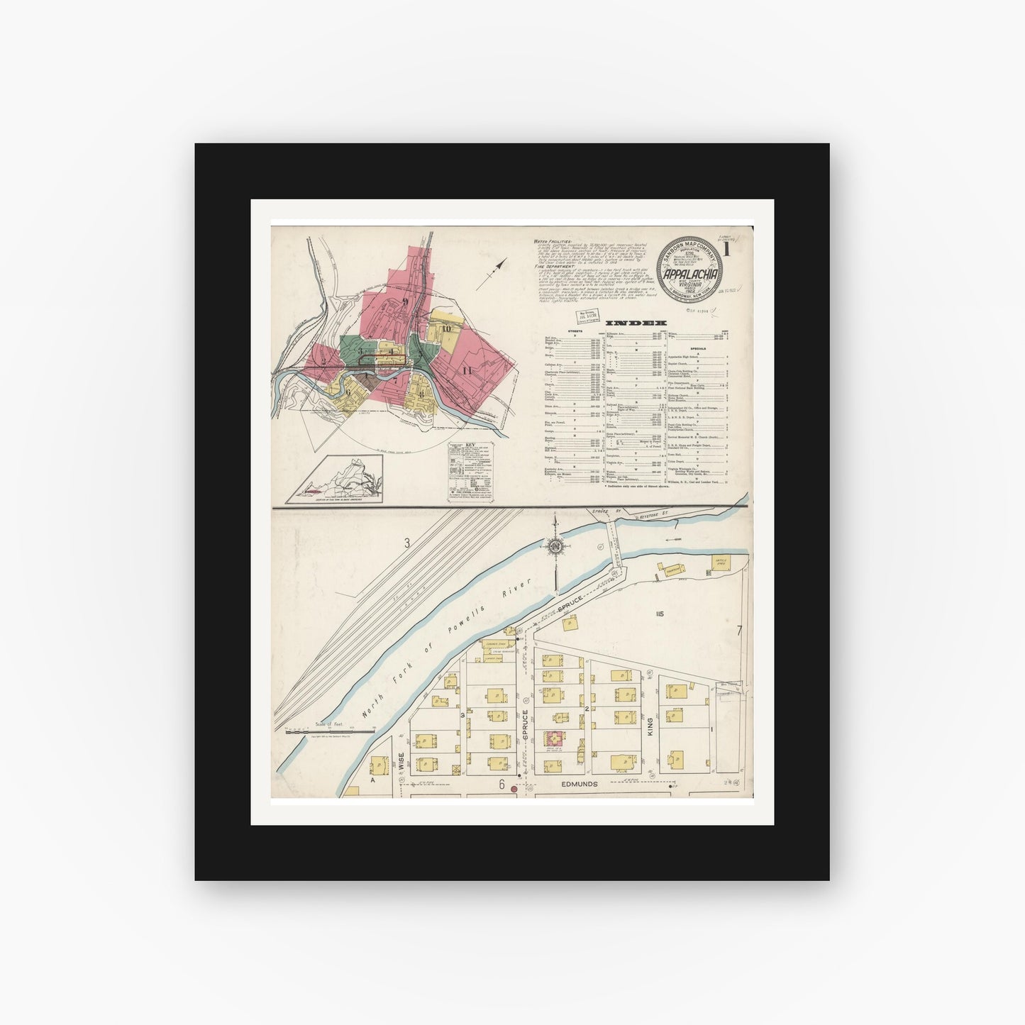 Old map wall art mockup — black gallery frame with white mat — Sanborn Fire Insurance Map from Appalachia, Wise County, Virginia (1922) - Complete Map Set