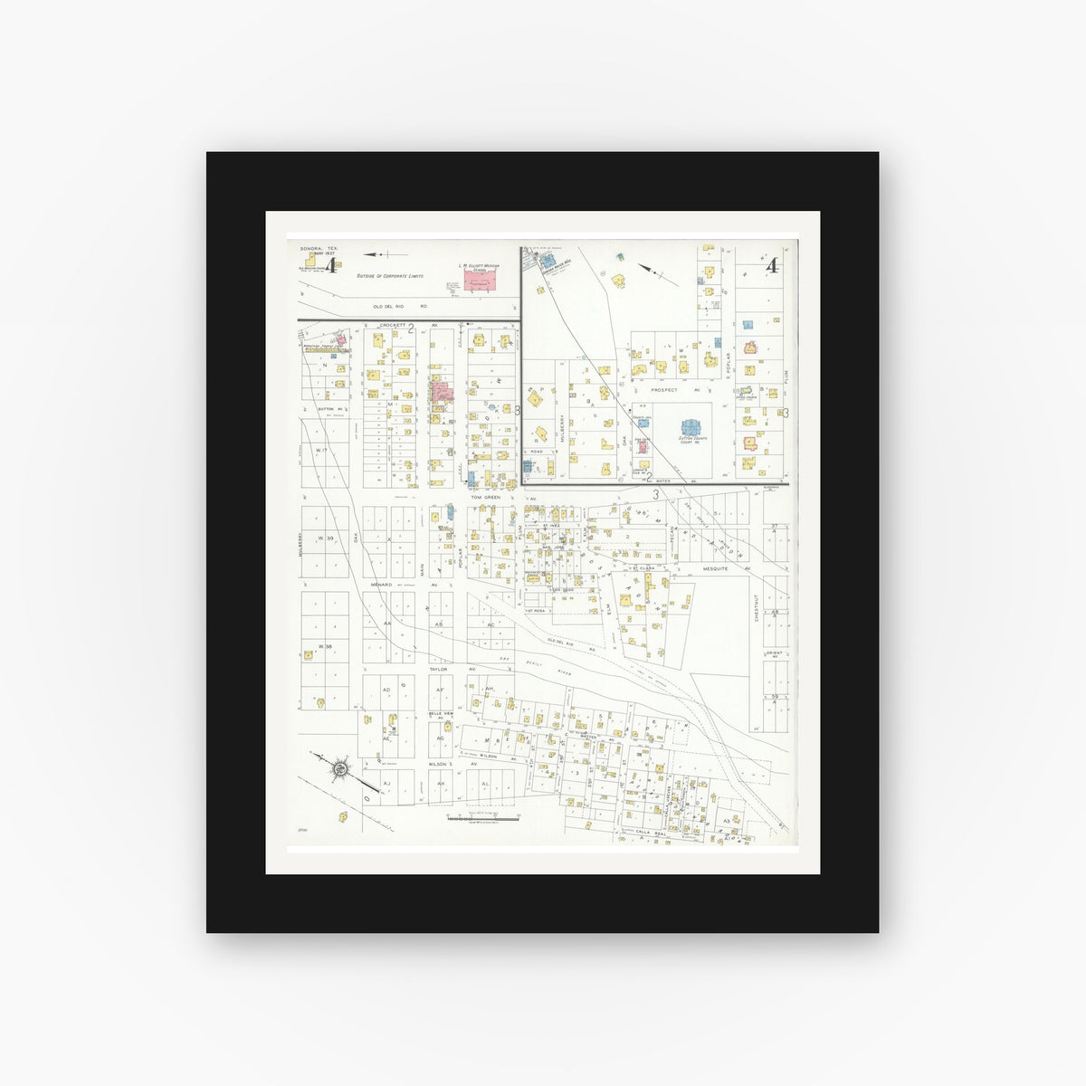 Old map wall art mockup — black gallery frame with white mat — Sanborn Fire Insurance Map from Sonora, Sutton County, Texas (1937), Sheet #0004
