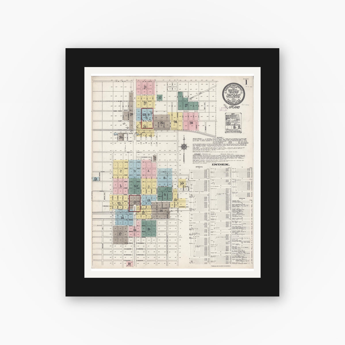Old map wall art mockup — black gallery frame with white mat — Sanborn Fire Insurance Map from Ontario, San Bernardino County, California (1912) - Complete Map Set