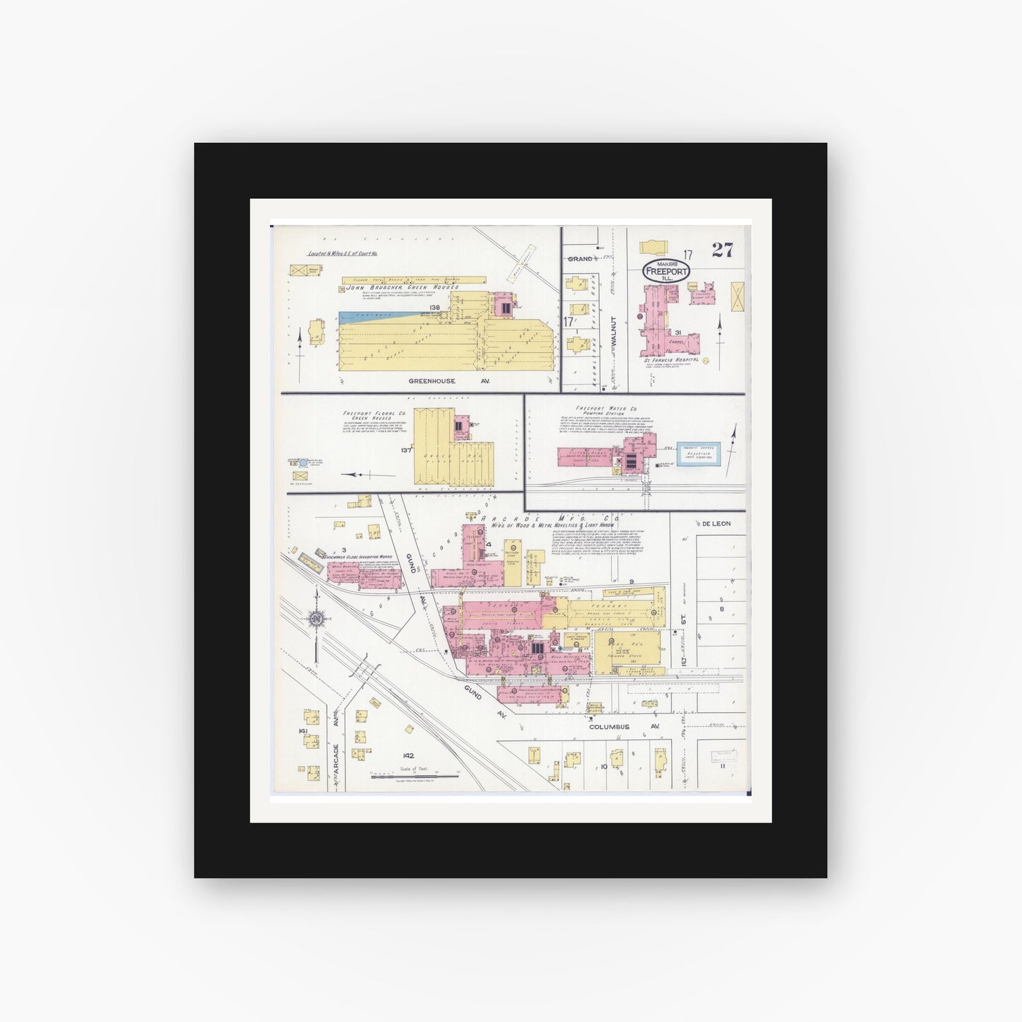 Old map wall art mockup — black gallery frame with white mat — Sanborn Fire Insurance Map from Freeport, Stephenson County, Illinois (1918), Sheet #0027