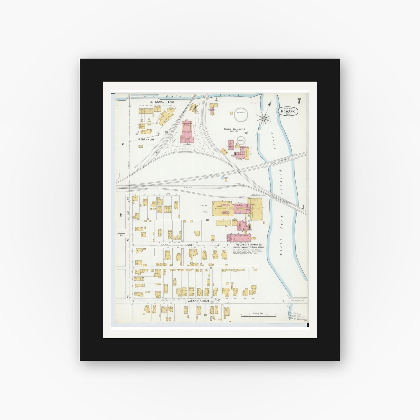 Old map wall art mockup — black gallery frame with white mat — Sanborn Fire Insurance Map from Newark, Licking County, Ohio (1899), Sheet #0007