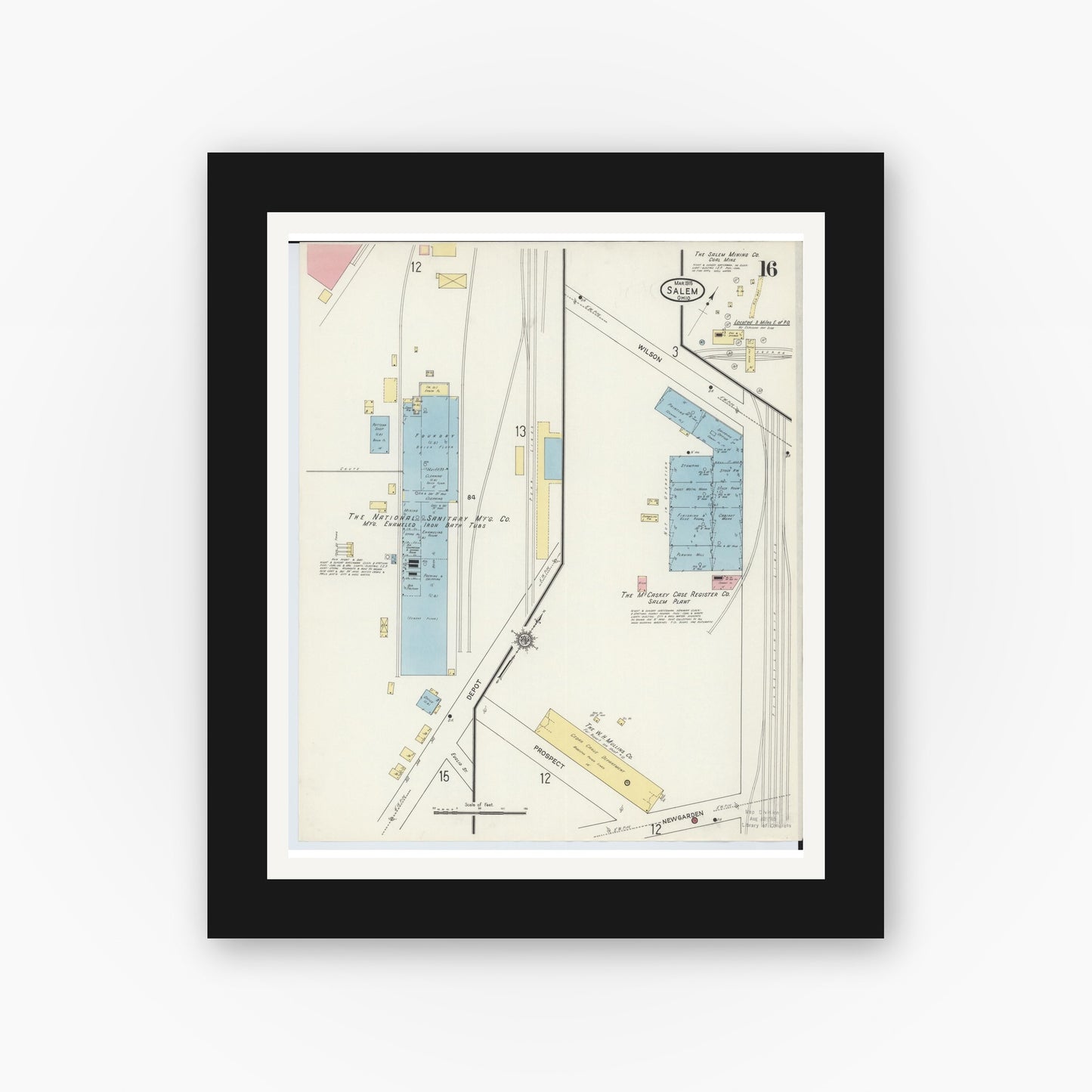 Old map wall art mockup — black gallery frame with white mat — Sanborn Fire Insurance Map from Salem, Columbiana County, Ohio (1915), Sheet #0016