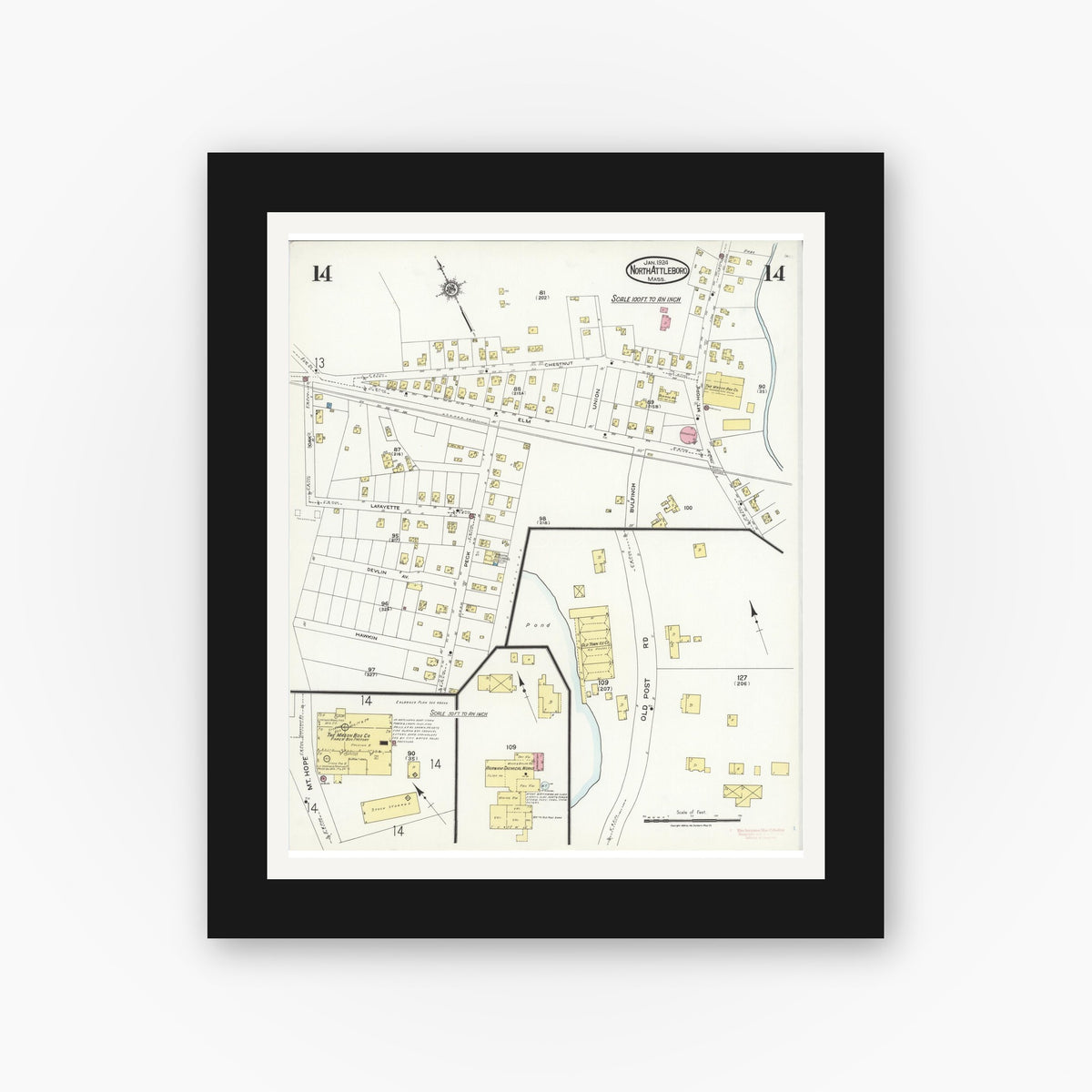 Old map wall art mockup — black gallery frame with white mat — Sanborn Fire Insurance Map from North Attleborough, Bristol County, Massachusetts (1924), Sheet #0014