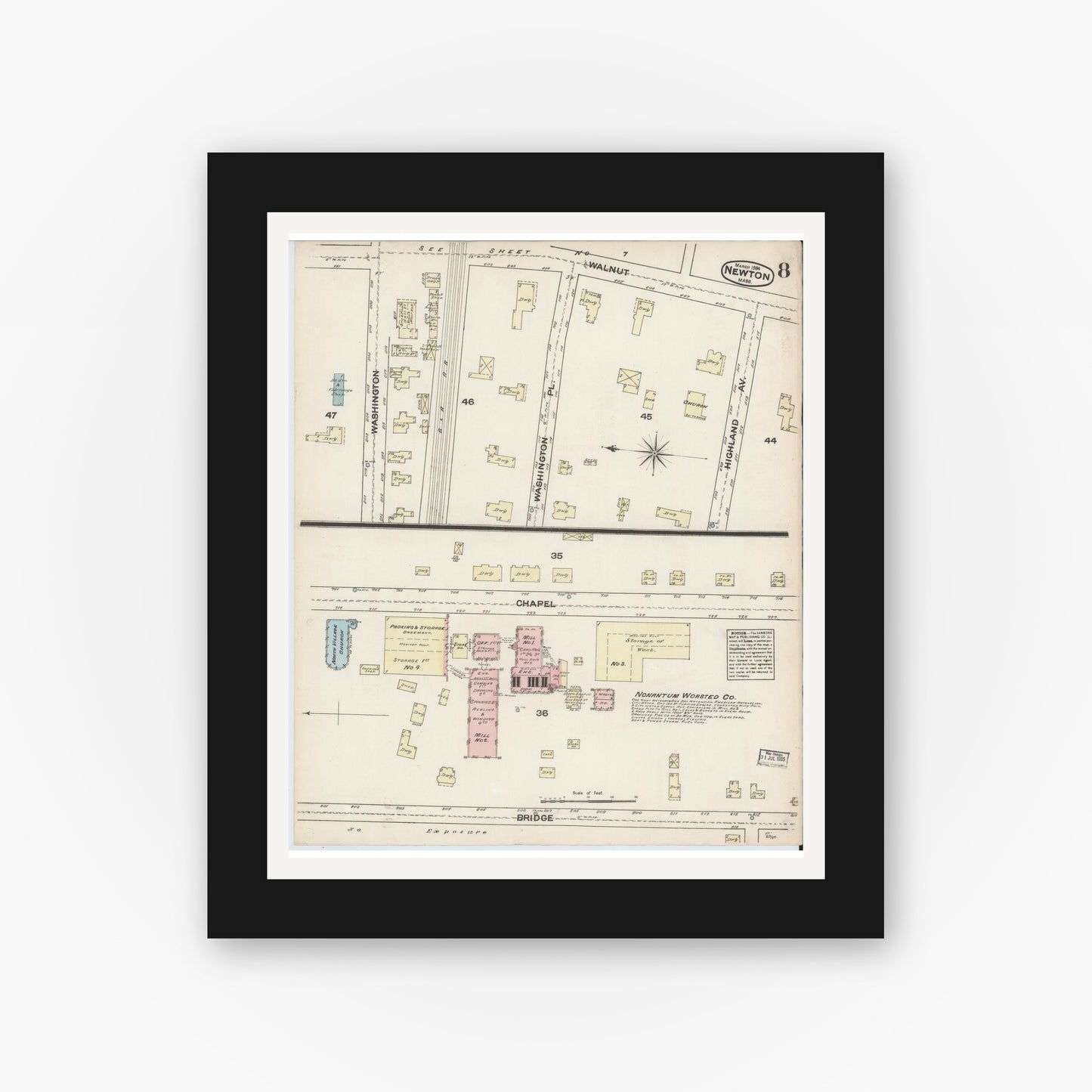 Old map wall art mockup — black gallery frame with white mat — Sanborn Fire Insurance Map from Newton, Middlesex County, Massachusetts (1884), Sheet #0008