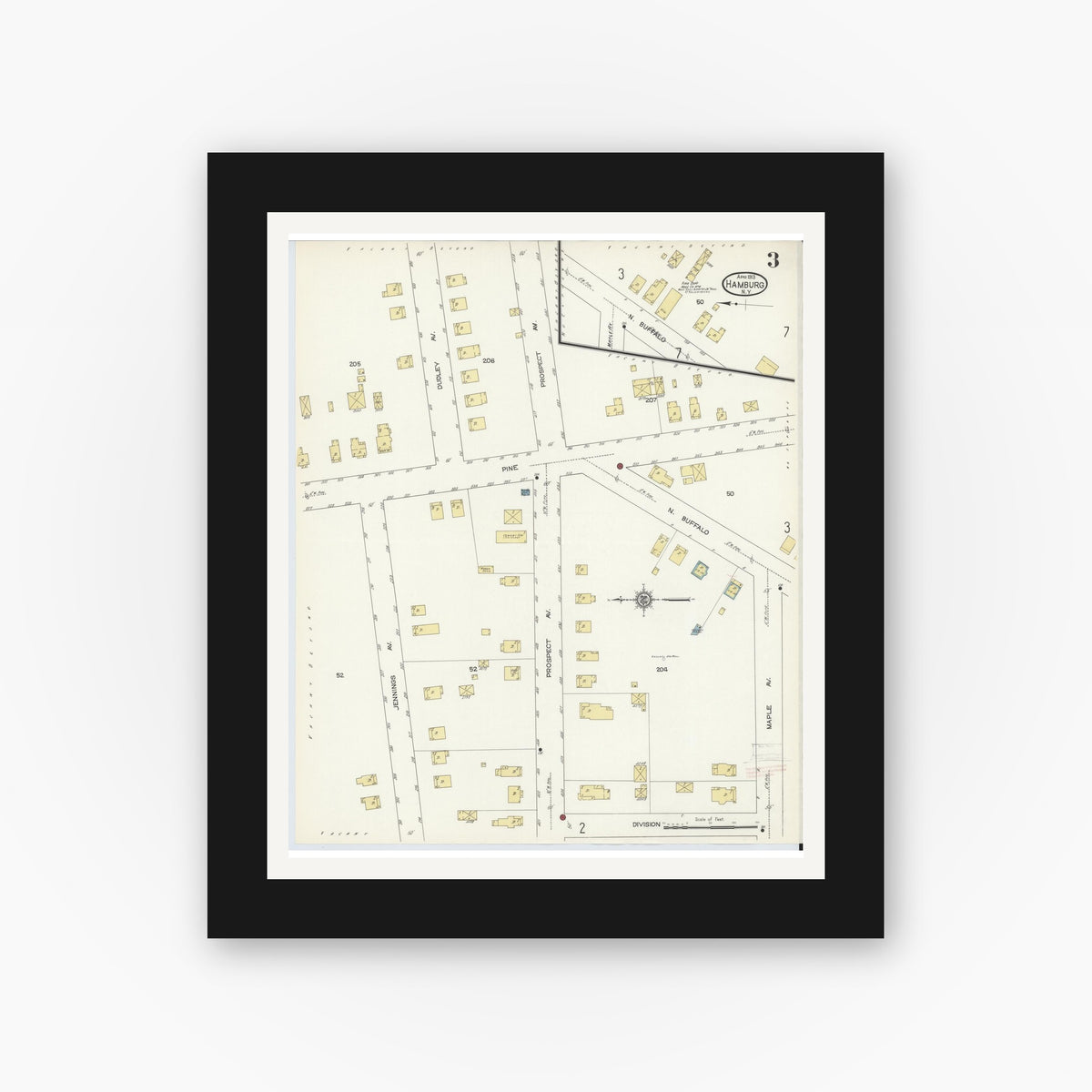 Old map wall art mockup — black gallery frame with white mat — Sanborn Fire Insurance Map from Hamburg, Erie County, New York (1913), Sheet #0003