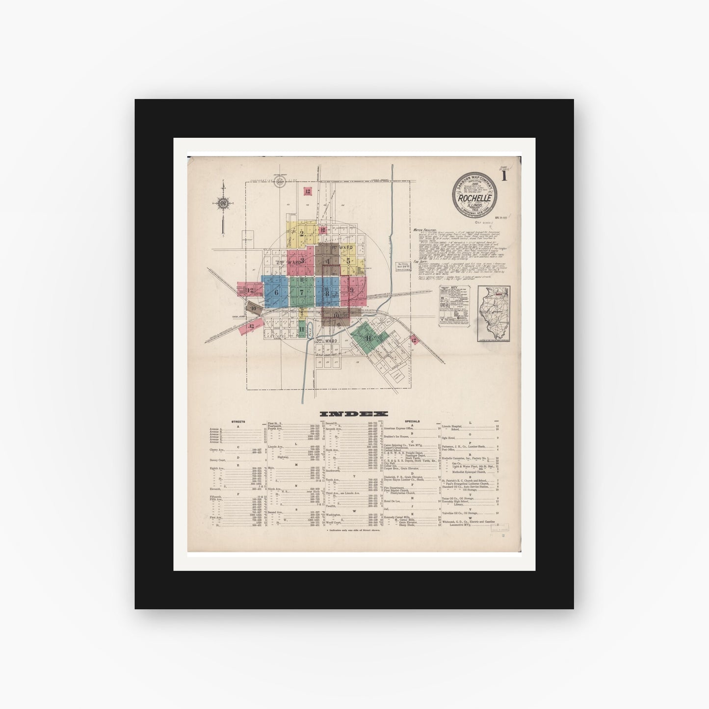Old map wall art mockup — black gallery frame with white mat — Sanborn Fire Insurance Map from Rochelle, Ogle County, Illinois (1922), Sheet #0001