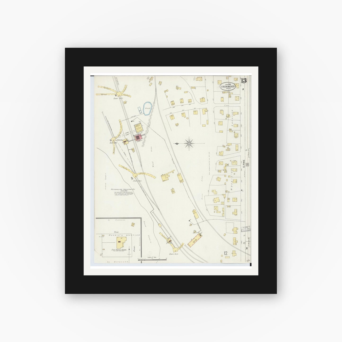 Old map wall art mockup — black gallery frame with white mat — Sanborn Fire Insurance Map from Ironwood, Gogebic County, Michigan (1898), Sheet #0013