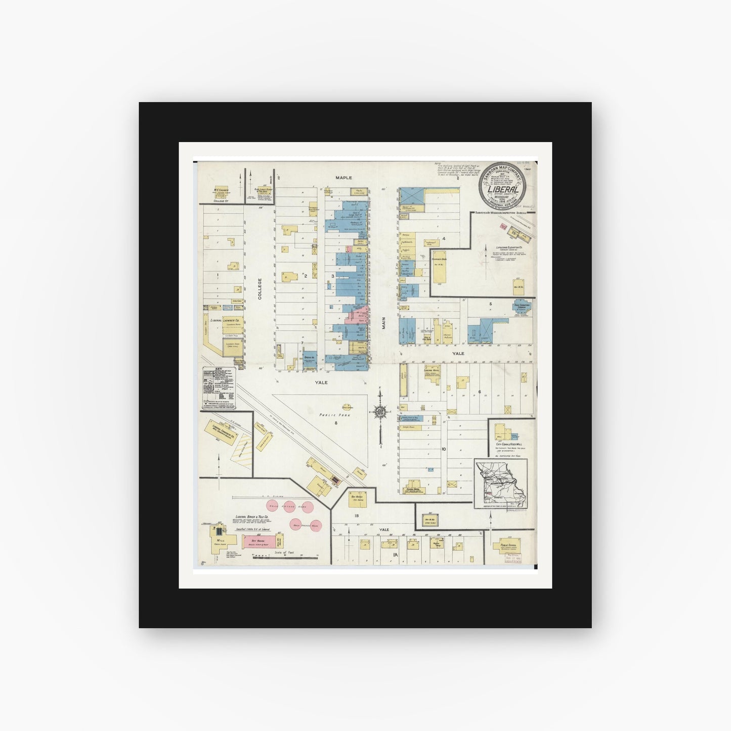 Old map wall art mockup — black gallery frame with white mat — Sanborn Fire Insurance Map from Liberal, Barton County, Missouri (1914), Sheet #0001