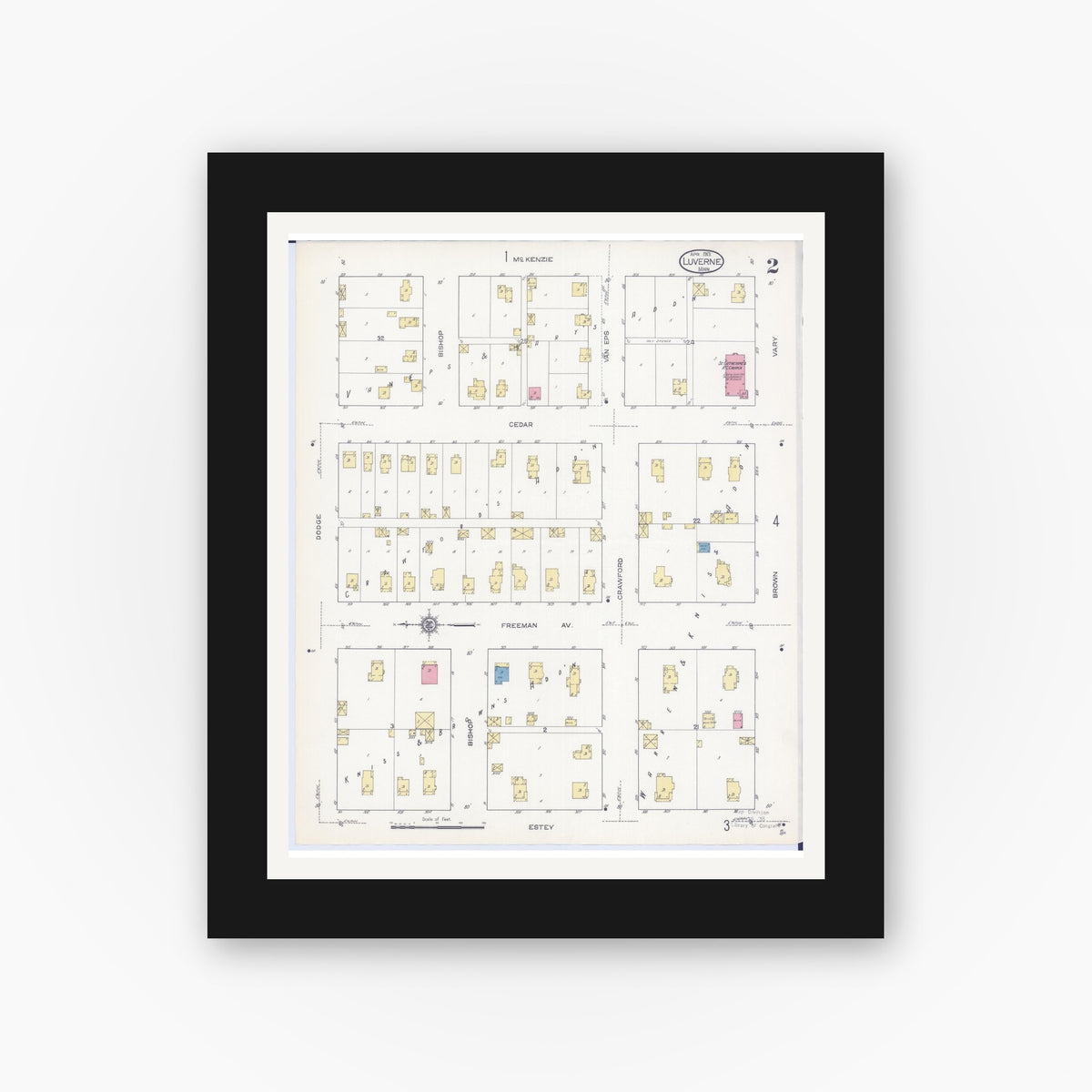 Old map wall art mockup — black gallery frame with white mat — Sanborn Fire Insurance Map from Luverne, Rock County, Minnesota (1913), Sheet #0002