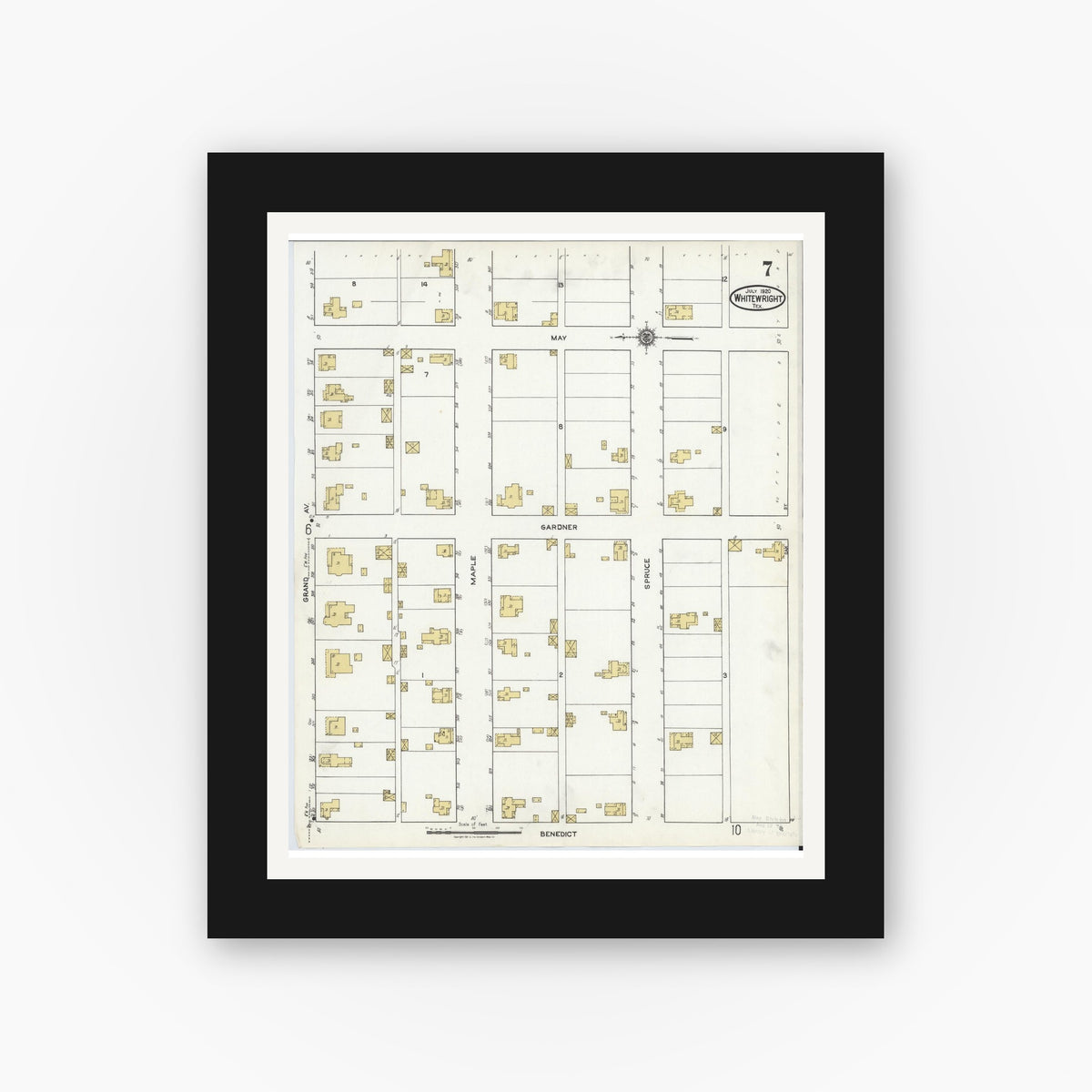 Old map wall art mockup — black gallery frame with white mat — Sanborn Fire Insurance Map from Whitewright, Grayson County, Texas (1920), Sheet #0007