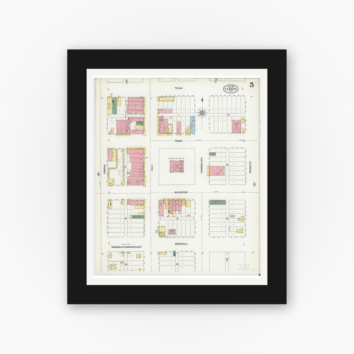 Old map wall art mockup — black gallery frame with white mat — Sanborn Fire Insurance Map from Vernon, Wilbarger County, Texas (1902), Sheet #0005