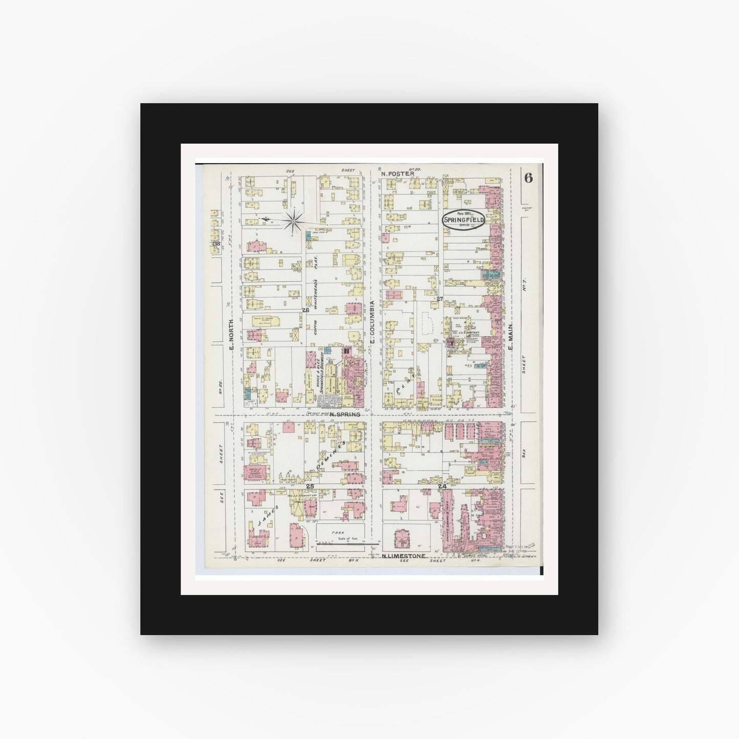 Old map wall art mockup — black gallery frame with white mat — Sanborn Fire Insurance Map from Springfield, Clark County, Ohio (1891), Sheet #0006