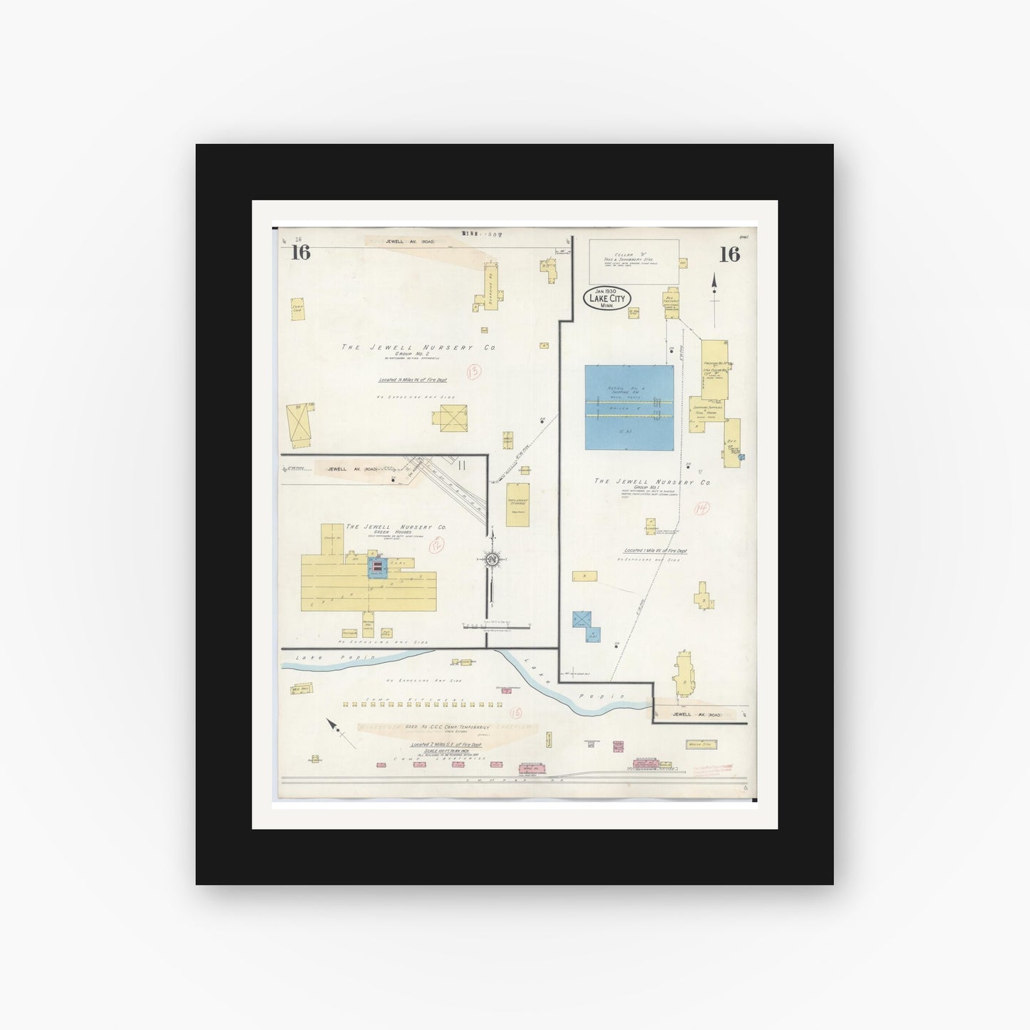 Old map wall art mockup — black gallery frame with white mat — Sanborn Fire Insurance Map from Lake City, Wabasha County, Minnesota (1938), Sheet #0016