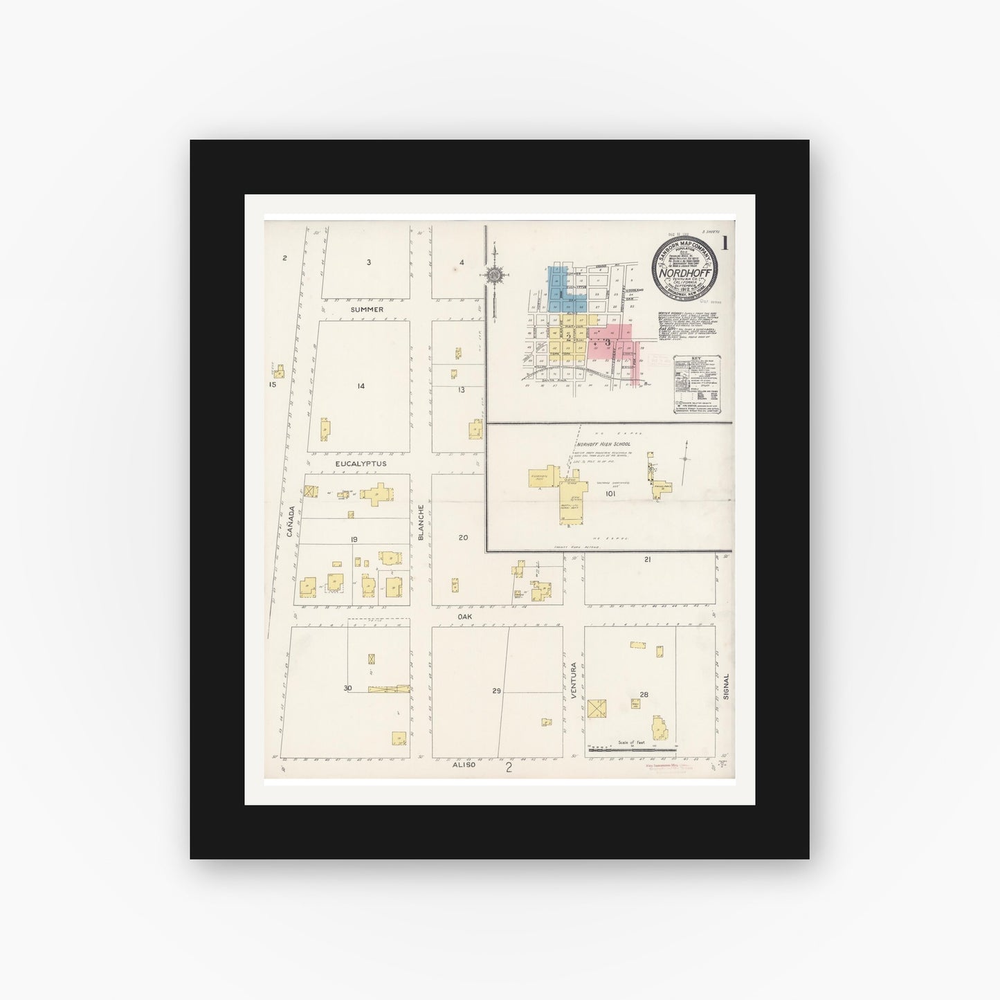 Old map wall art mockup — black gallery frame with white mat — Sanborn Fire Insurance Map from Nordhoff, Ventura County, California (1912) - Complete Map Set