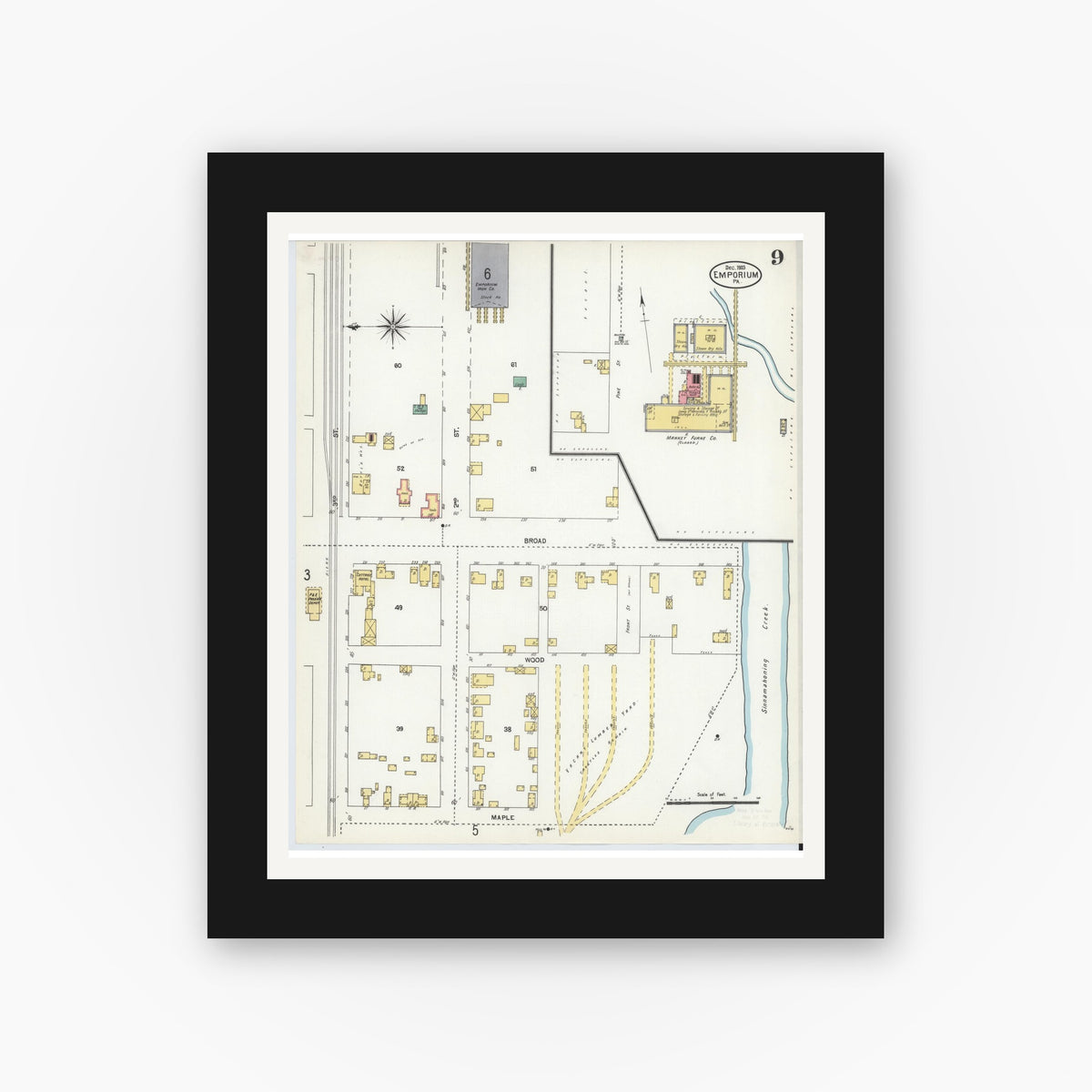 Old map wall art mockup — black gallery frame with white mat — Sanborn Fire Insurance Map from Emporium, Cameron County, Pennsylvania (1903), Sheet #0009