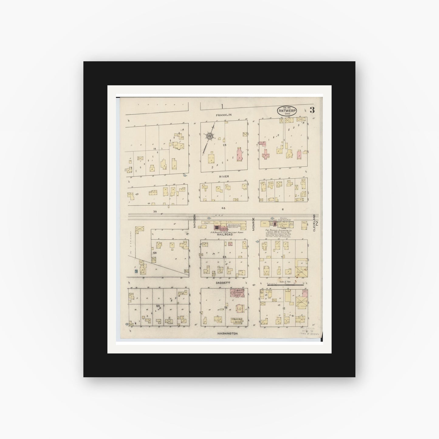 Old map wall art mockup — black gallery frame with white mat — Sanborn Fire Insurance Map from Antwerp, Paulding County, Ohio (1915), Sheet #0003
