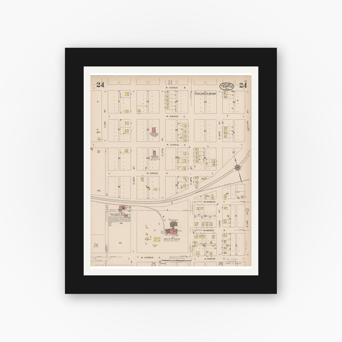 Old map wall art mockup — black gallery frame with white mat — Sanborn Fire Insurance Map from Temple, Bell County, Texas (1922), Sheet #0024