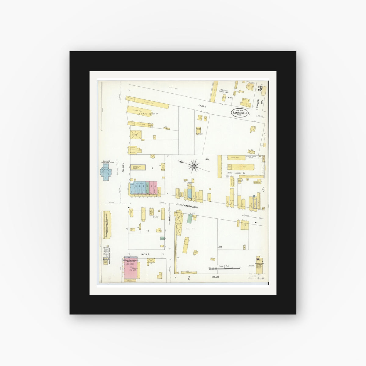 Old map wall art mockup — black gallery frame with white mat — Sanborn Fire Insurance Map from San Angelo, Tom Green County, Texas (1908), Sheet #0003