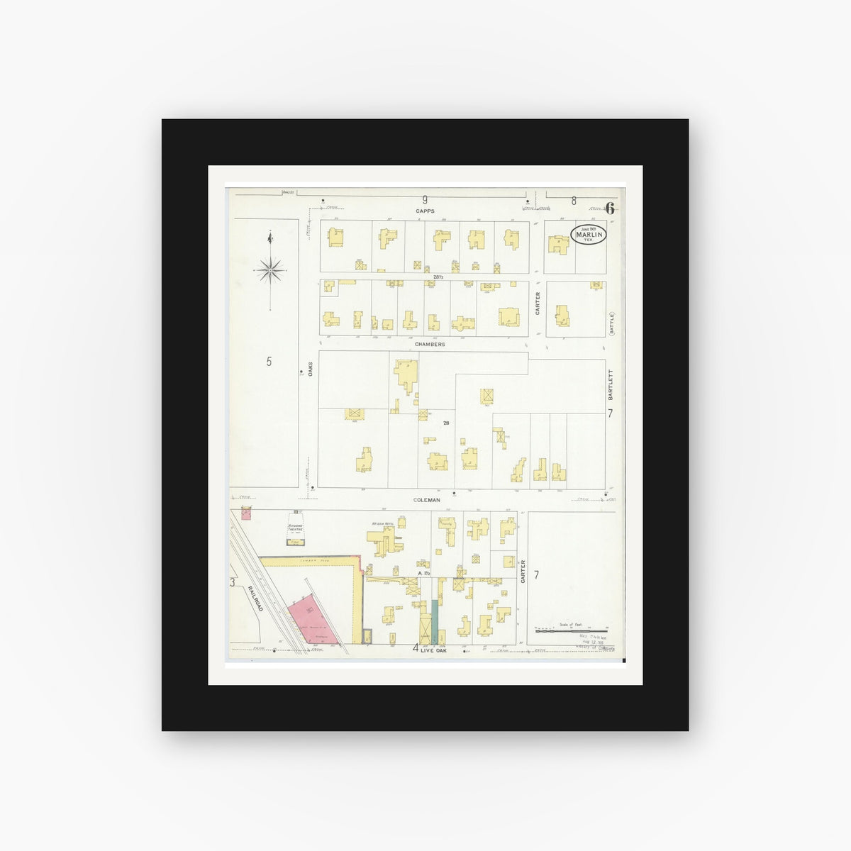 Old map wall art mockup — black gallery frame with white mat — Sanborn Fire Insurance Map from Marlin, Falls County, Texas (1909), Sheet #0006