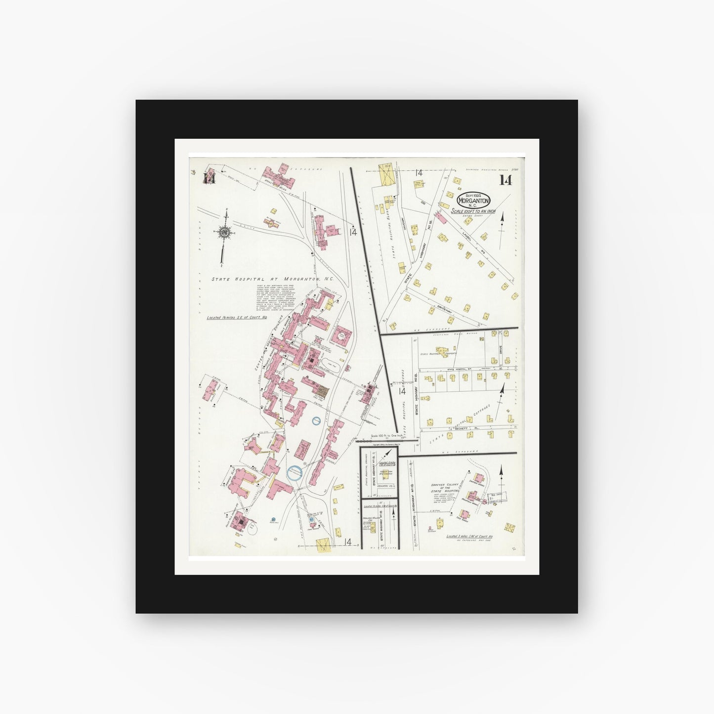 Old map wall art mockup — black gallery frame with white mat — Sanborn Fire Insurance Map from Morganton, Burke County, North Carolina (1924), Sheet #0014