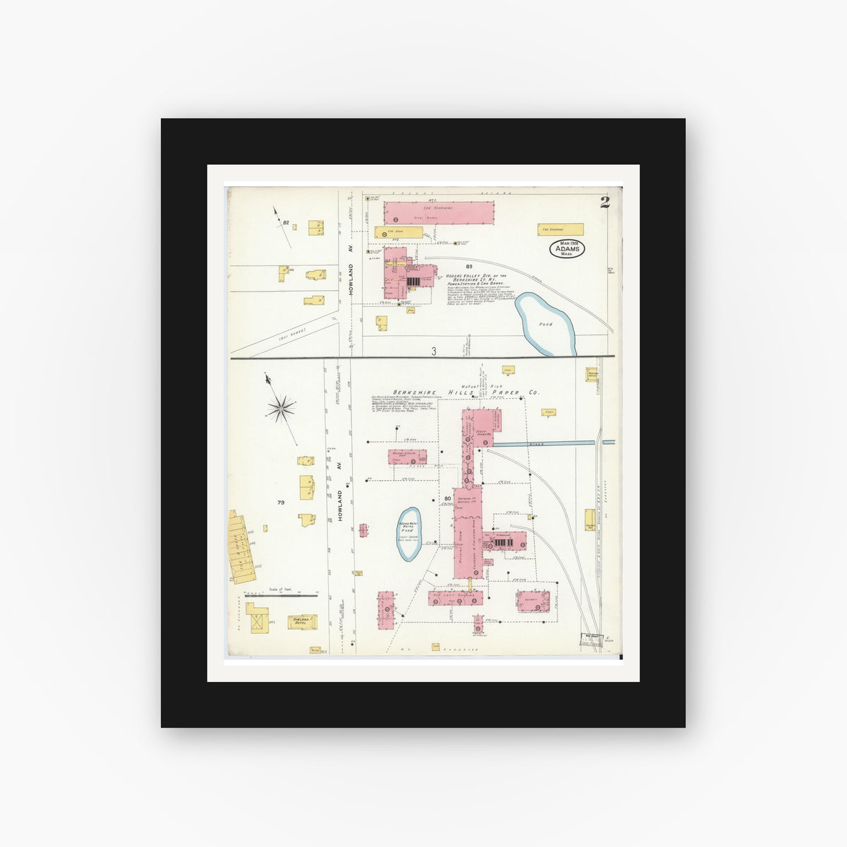 Old map wall art mockup — black gallery frame with white mat — Sanborn Fire Insurance Map from Adams, Berkshire County, Massachusetts (1908), Sheet #0002