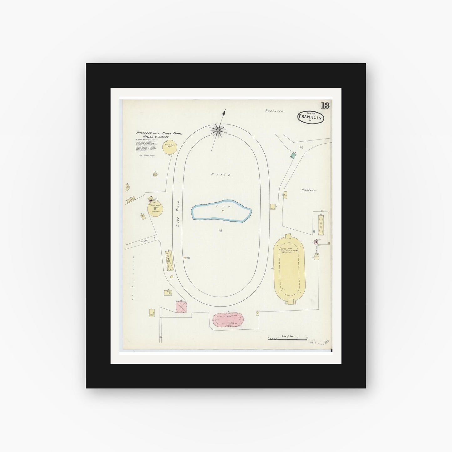 Old map wall art mockup — black gallery frame with white mat — Sanborn Fire Insurance Map from Franklin, Venango County, Pennsylvania (1891), Sheet #0013