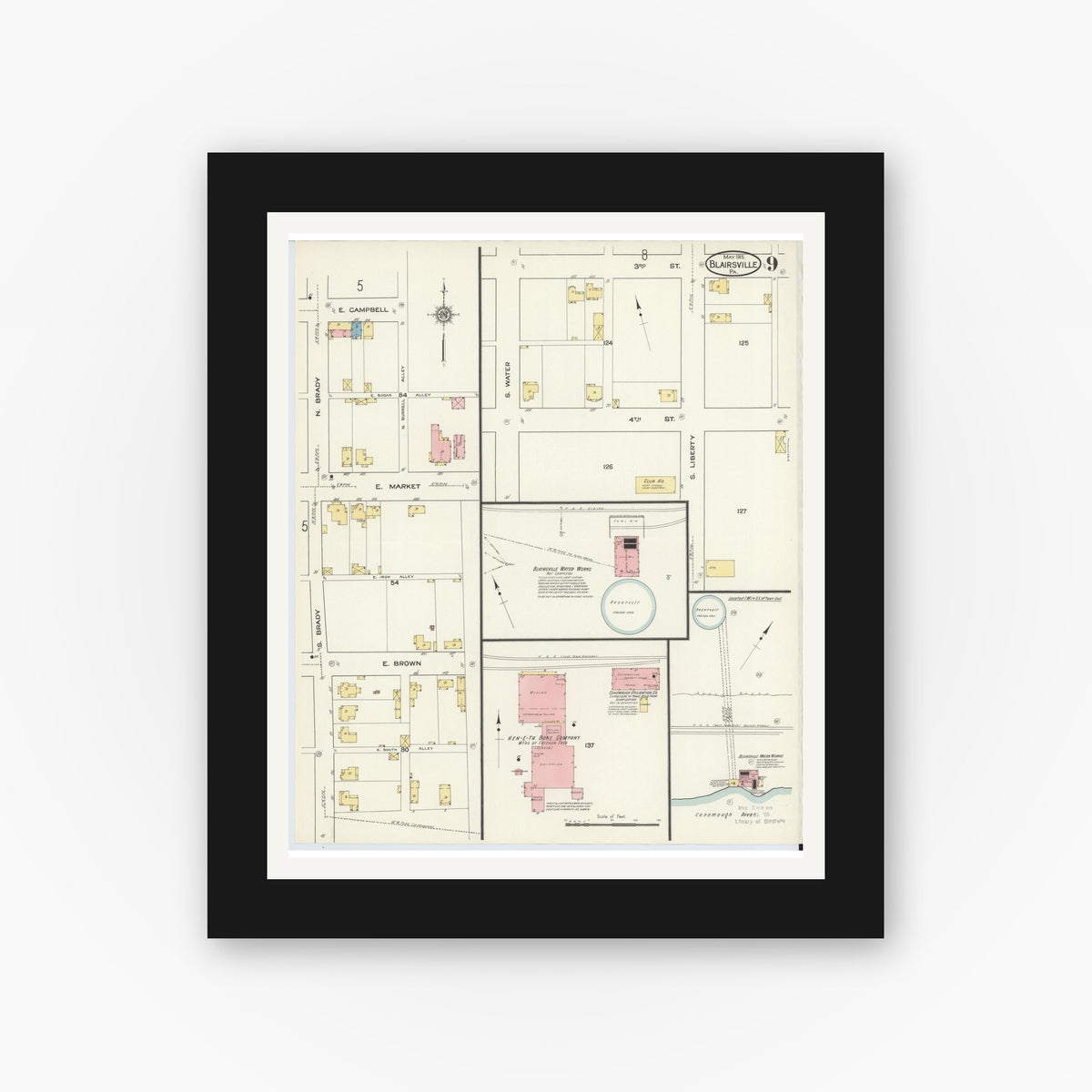 Old map wall art mockup — black gallery frame with white mat — Sanborn Fire Insurance Map from Blairsville, Indiana County, Pennsylvania (1915), Sheet #0009