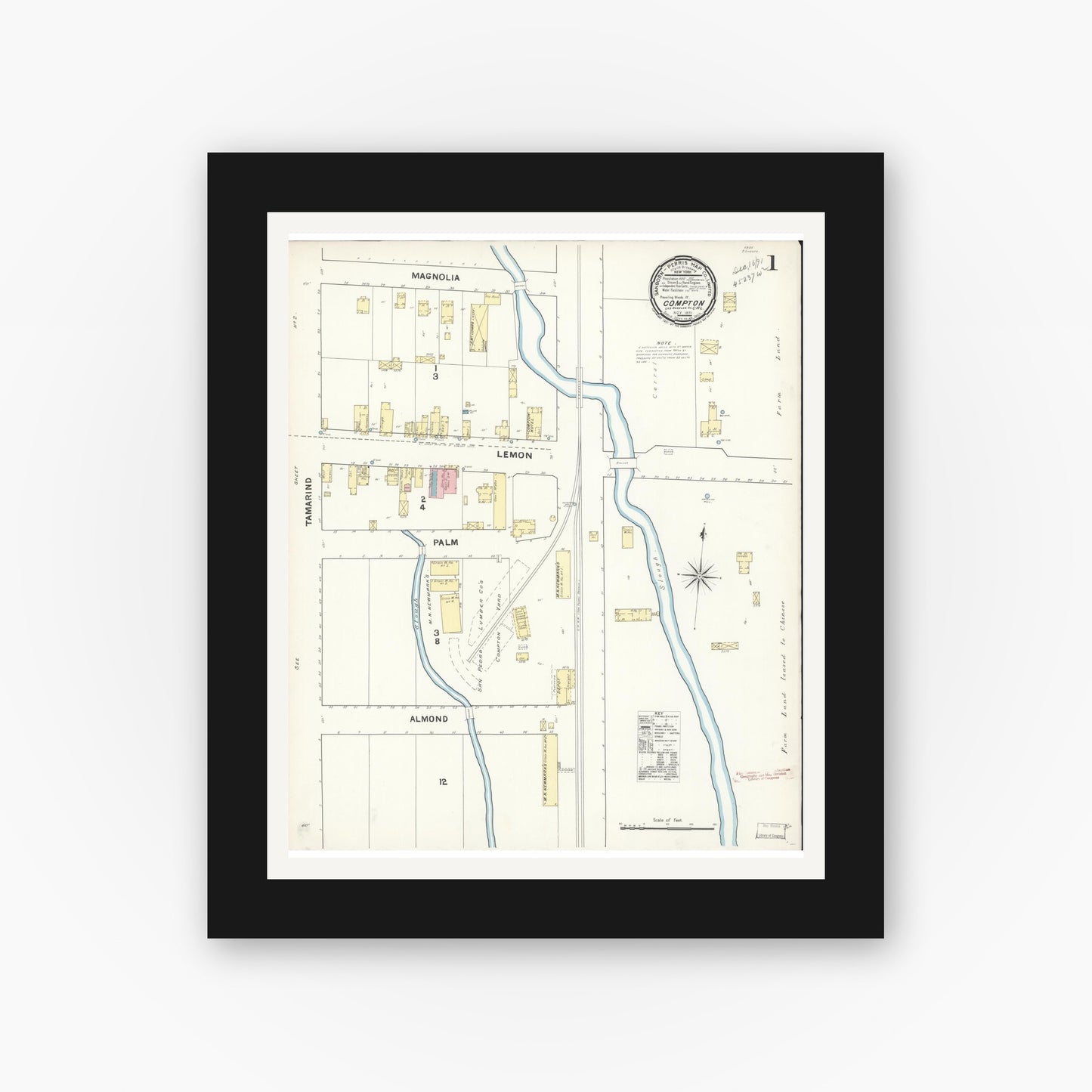 Old map wall art mockup — black gallery frame with white mat — Sanborn Fire Insurance Map from Compton, Los Angeles County, California (1891) - Complete Map Set