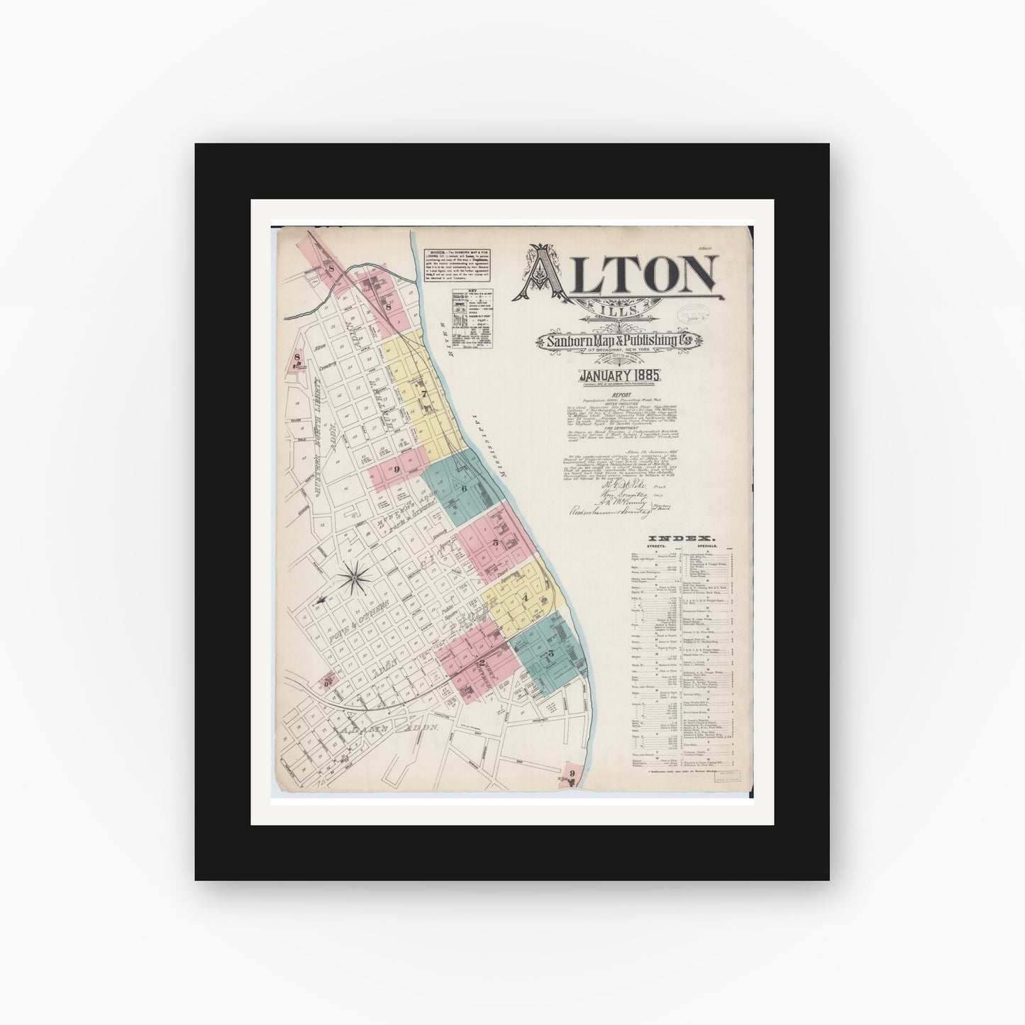 Old map wall art mockup — black gallery frame with white mat — Sanborn Fire Insurance Map from Alton, Madison County, Illinois (1885), Sheet #0001